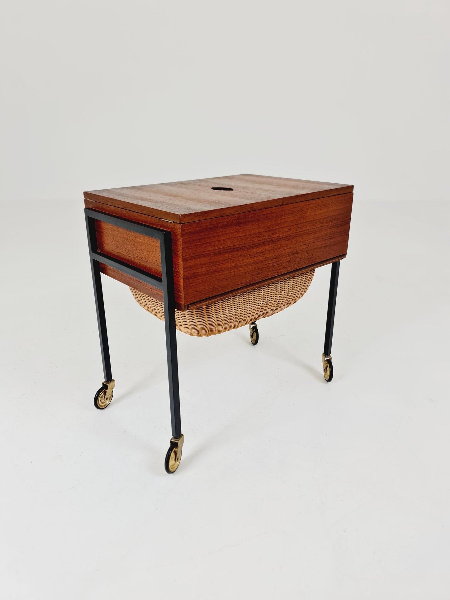 Vintage Danish teak and rattan sewing table/ side table cabinet, 1960s