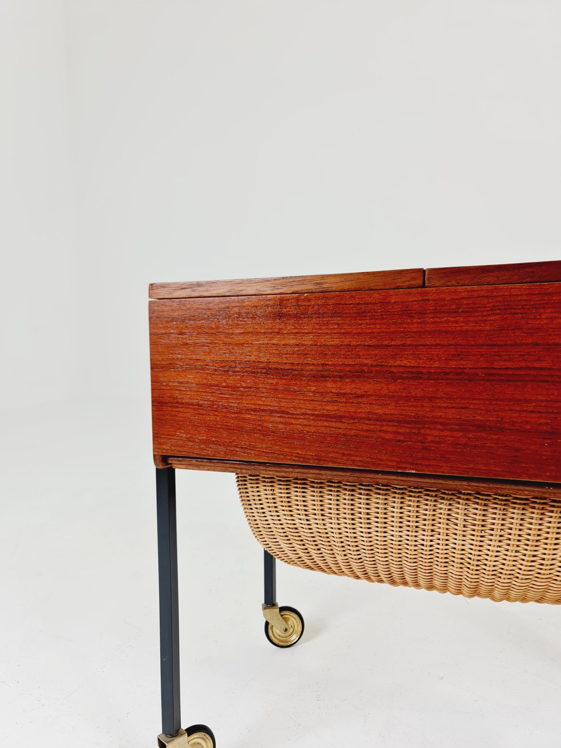 Vintage Danish teak and rattan sewing table/ side table cabinet, 1960s