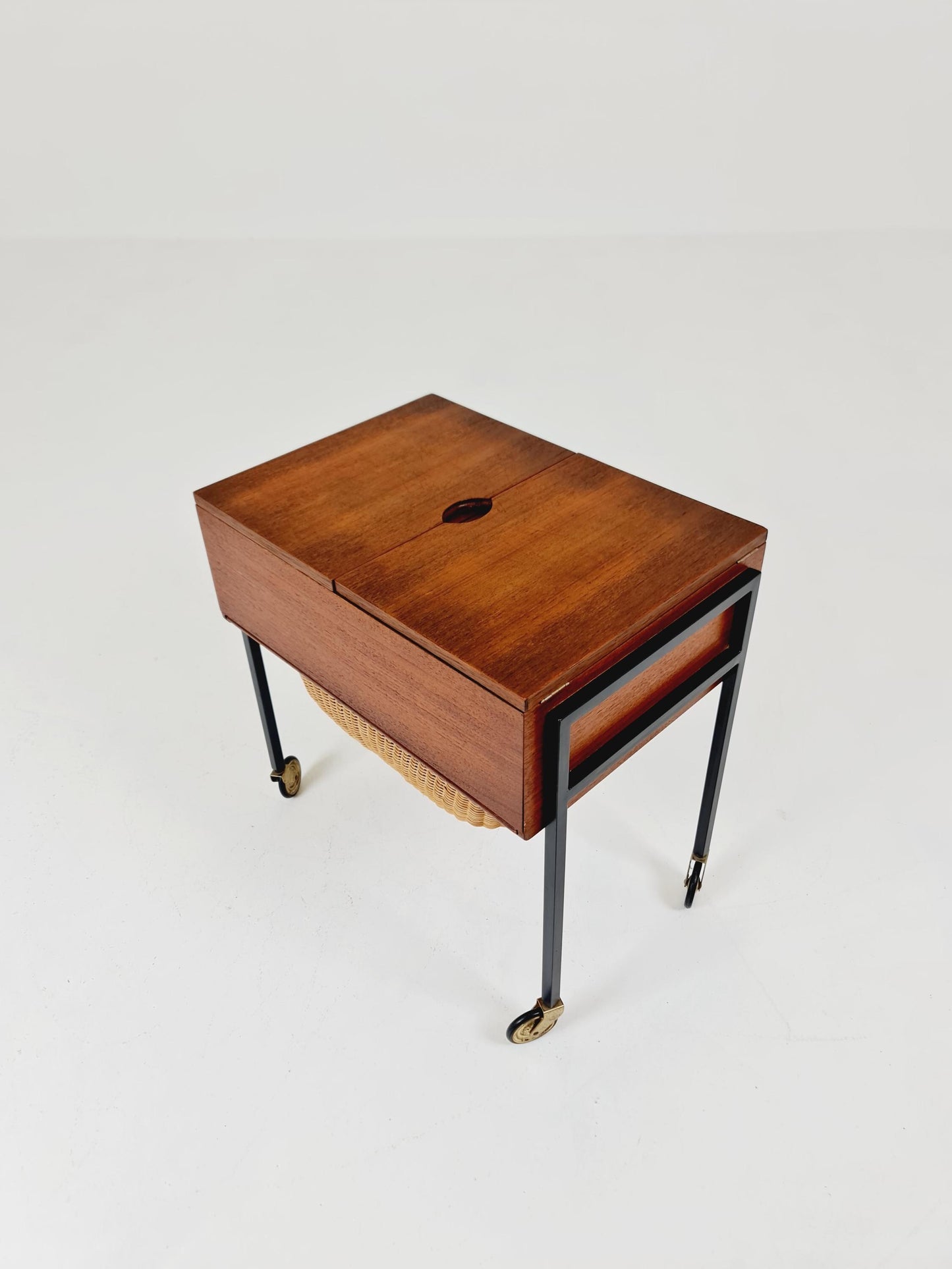 Vintage Danish teak and rattan sewing table/ side table cabinet, 1960s