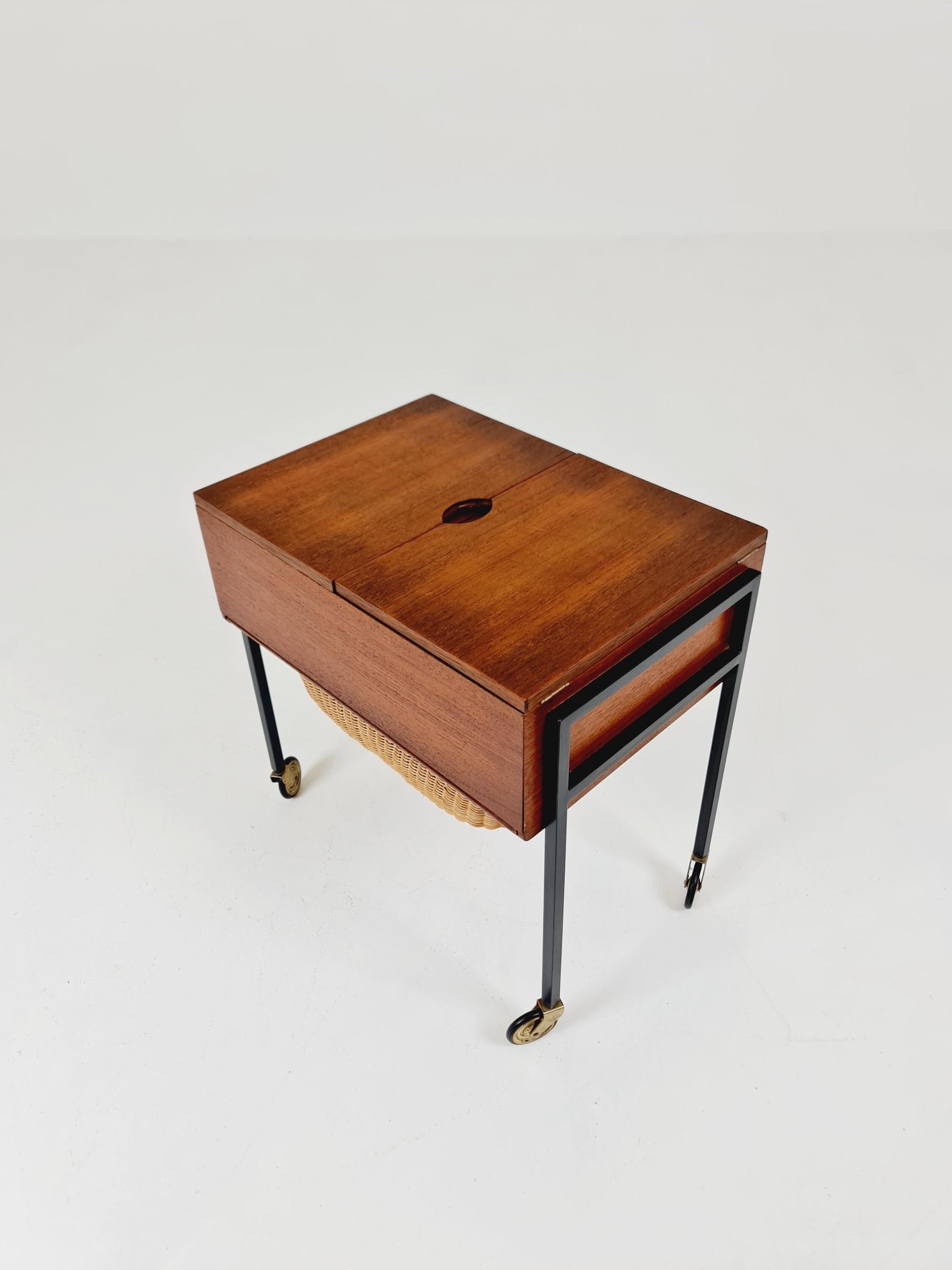 Vintage Danish teak and rattan sewing table/ side table cabinet, 1960s