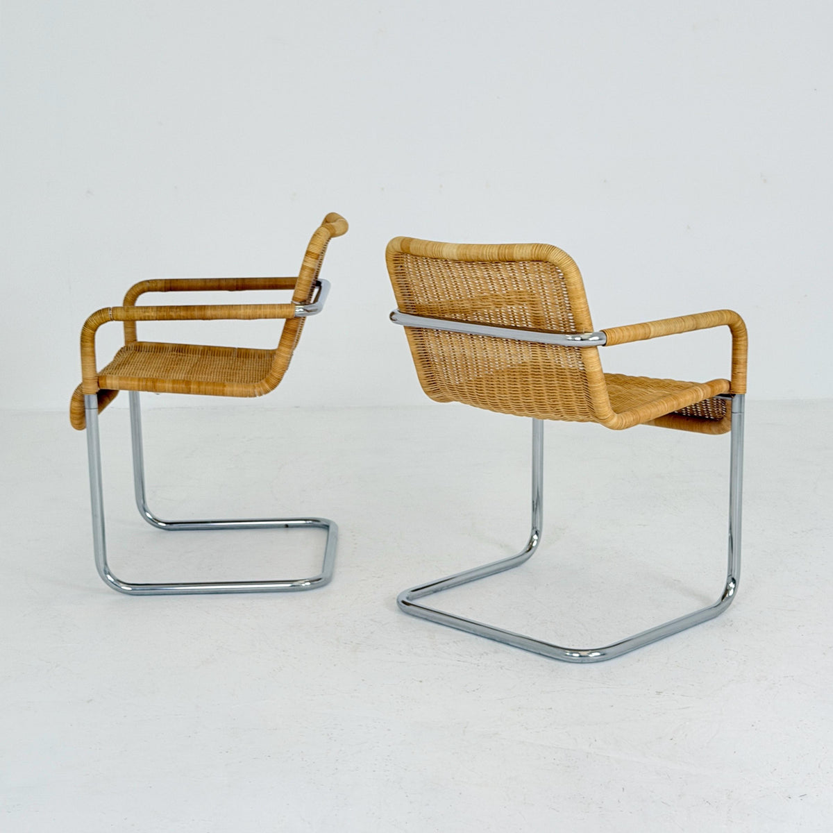 Set of 2 Mid Century Modern D41 Bauhaus Armchairs | Anton Lorenz Design | Natural Wicker & Chrome | for Tecta Germany 1980s