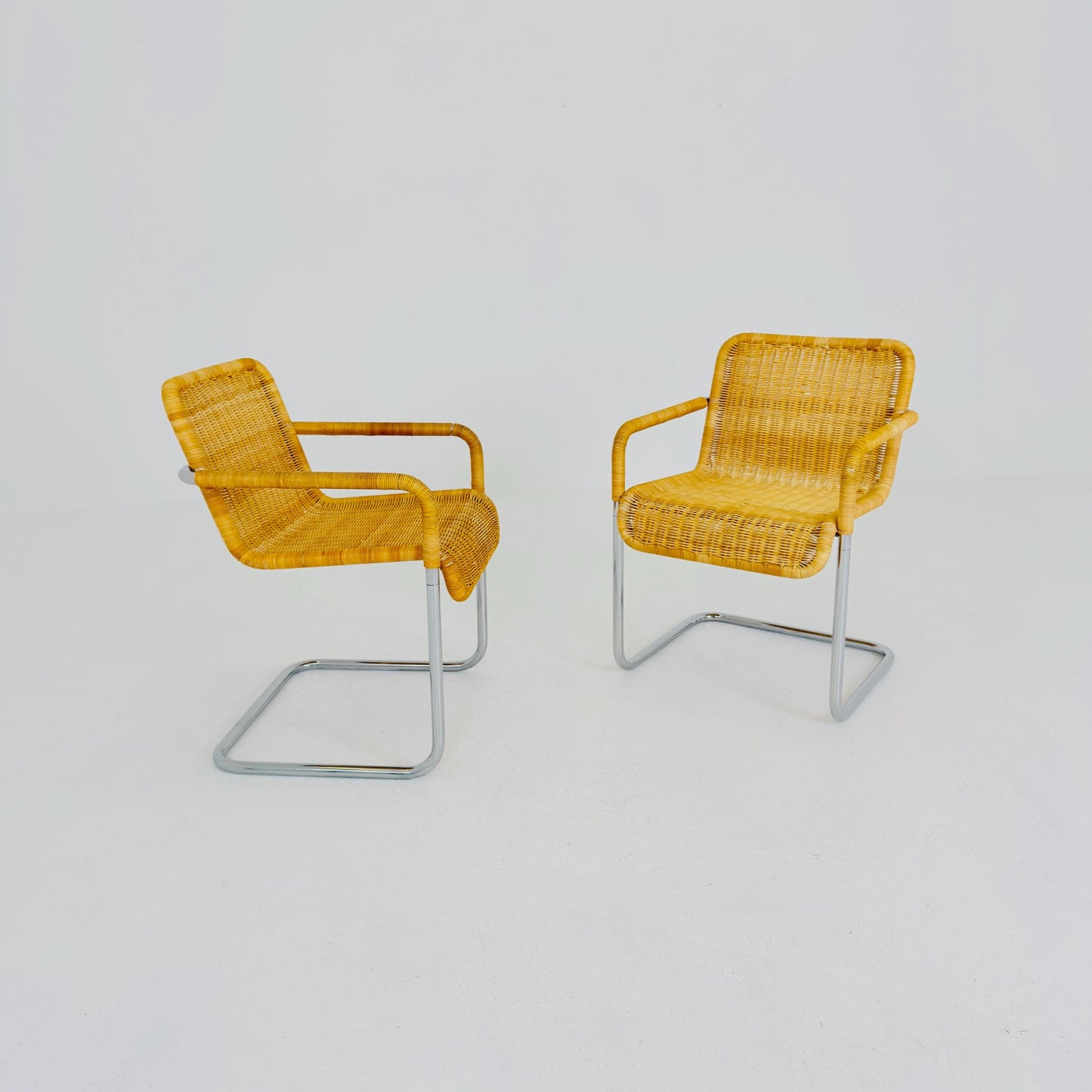Set of 2 Mid Century Modern D41 Bauhaus Armchairs | Anton Lorenz Design | Natural Wicker & Chrome | for Tecta Germany 1980s