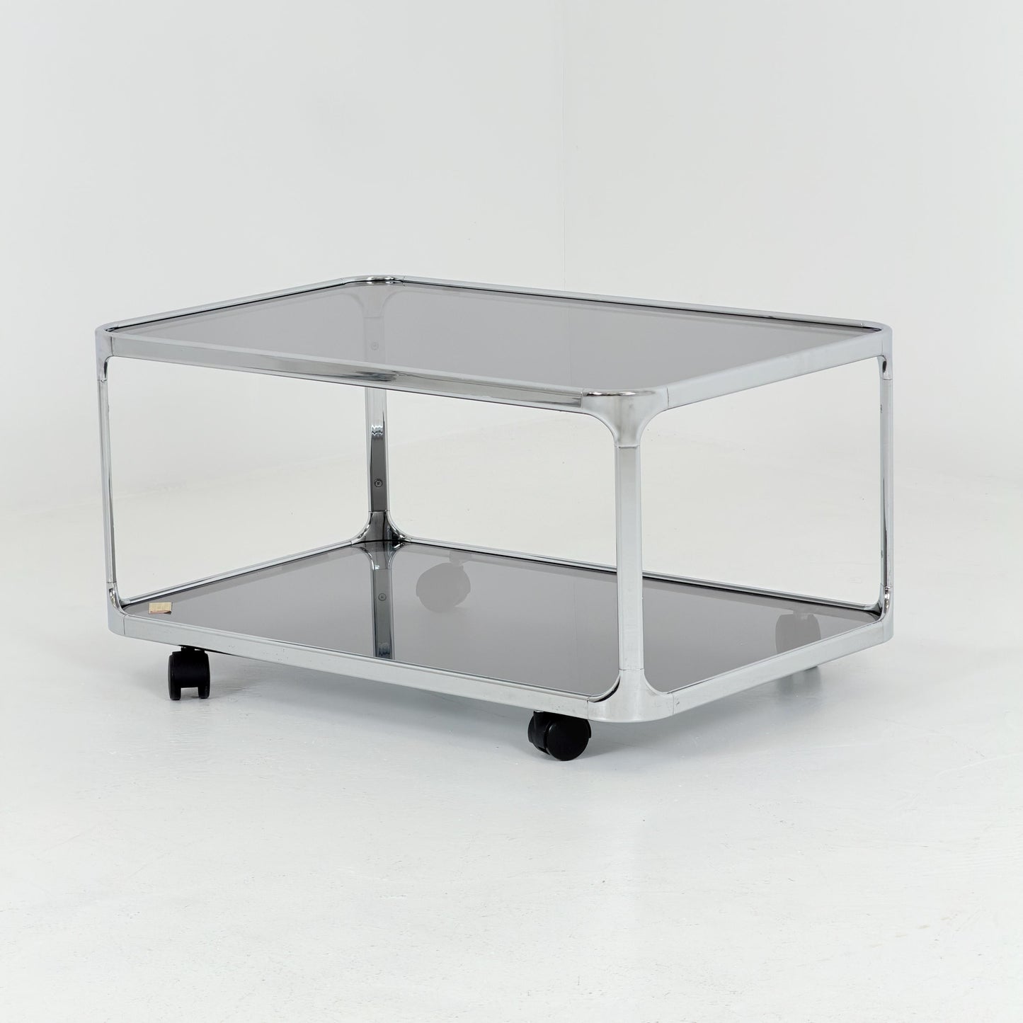Mid century modern Bauhaus Smoked Glass Bar Cart | Planilux Grey Glass & Chrome Italy 1980s