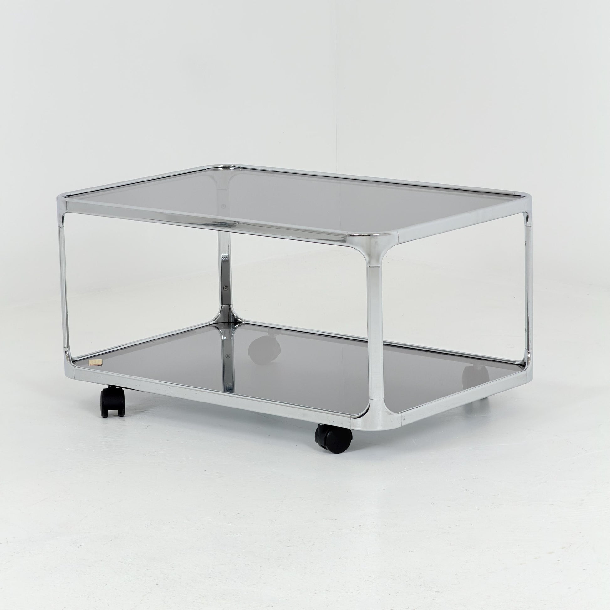 Mid century modern Bauhaus Smoked Glass Bar Cart | Planilux Grey Glass & Chrome Italy 1980s