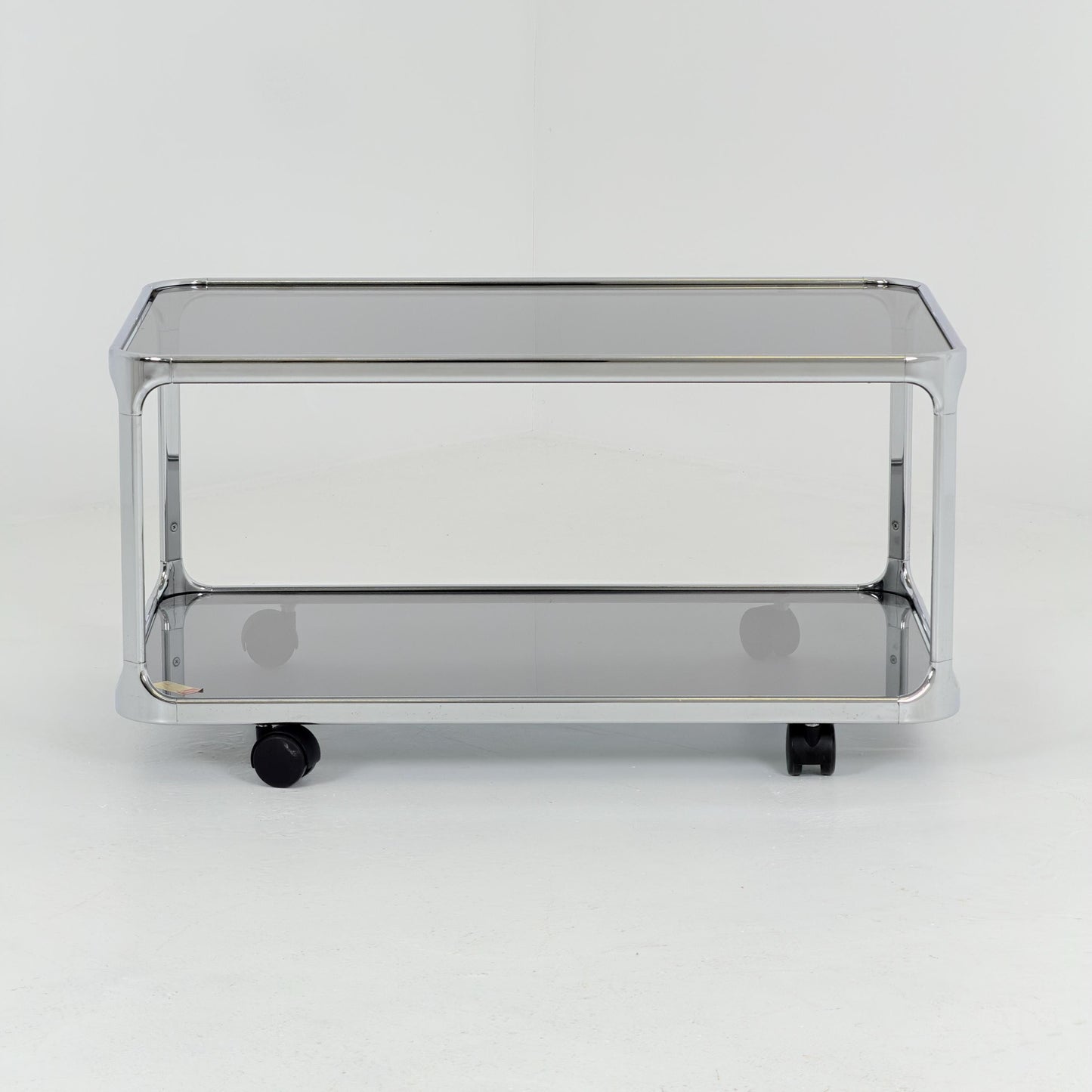 Mid century modern Bauhaus Smoked Glass Bar Cart | Planilux Grey Glass & Chrome Italy 1980s