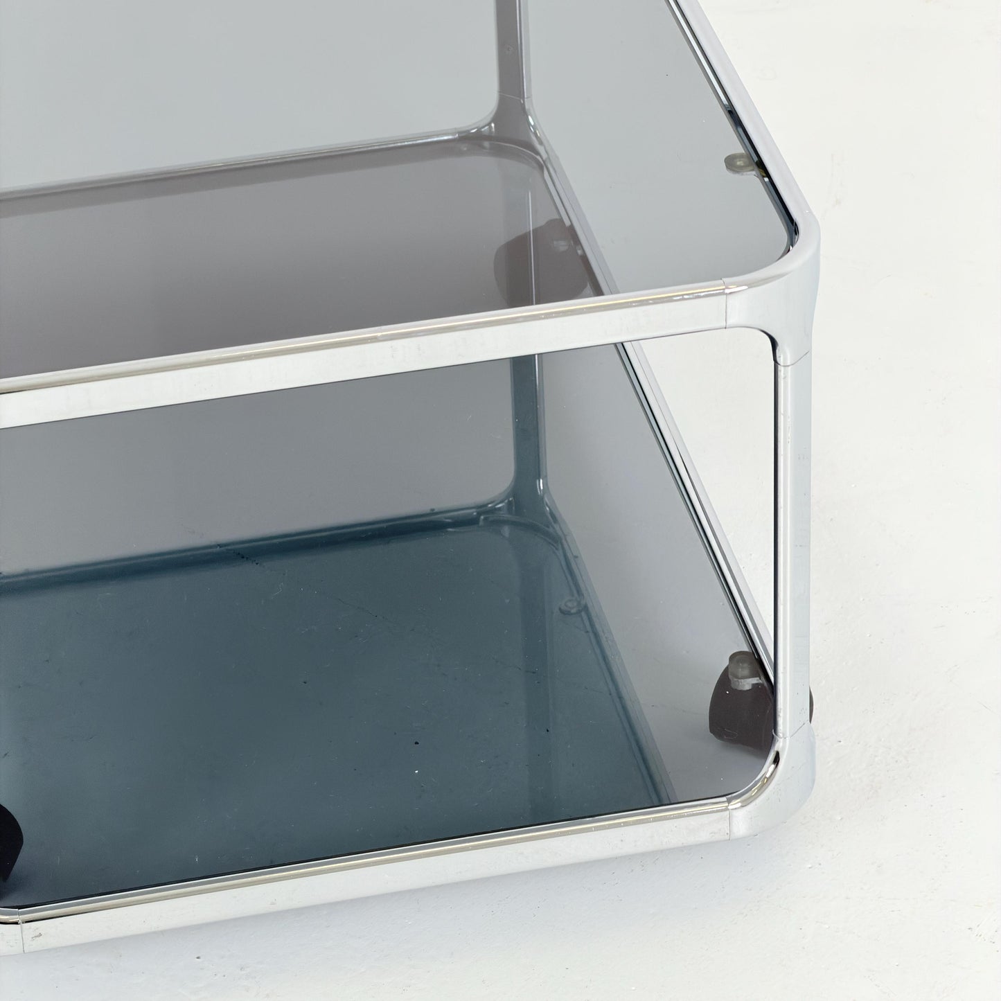 Mid century modern Bauhaus Smoked Glass Bar Cart | Planilux Grey Glass & Chrome Italy 1980s