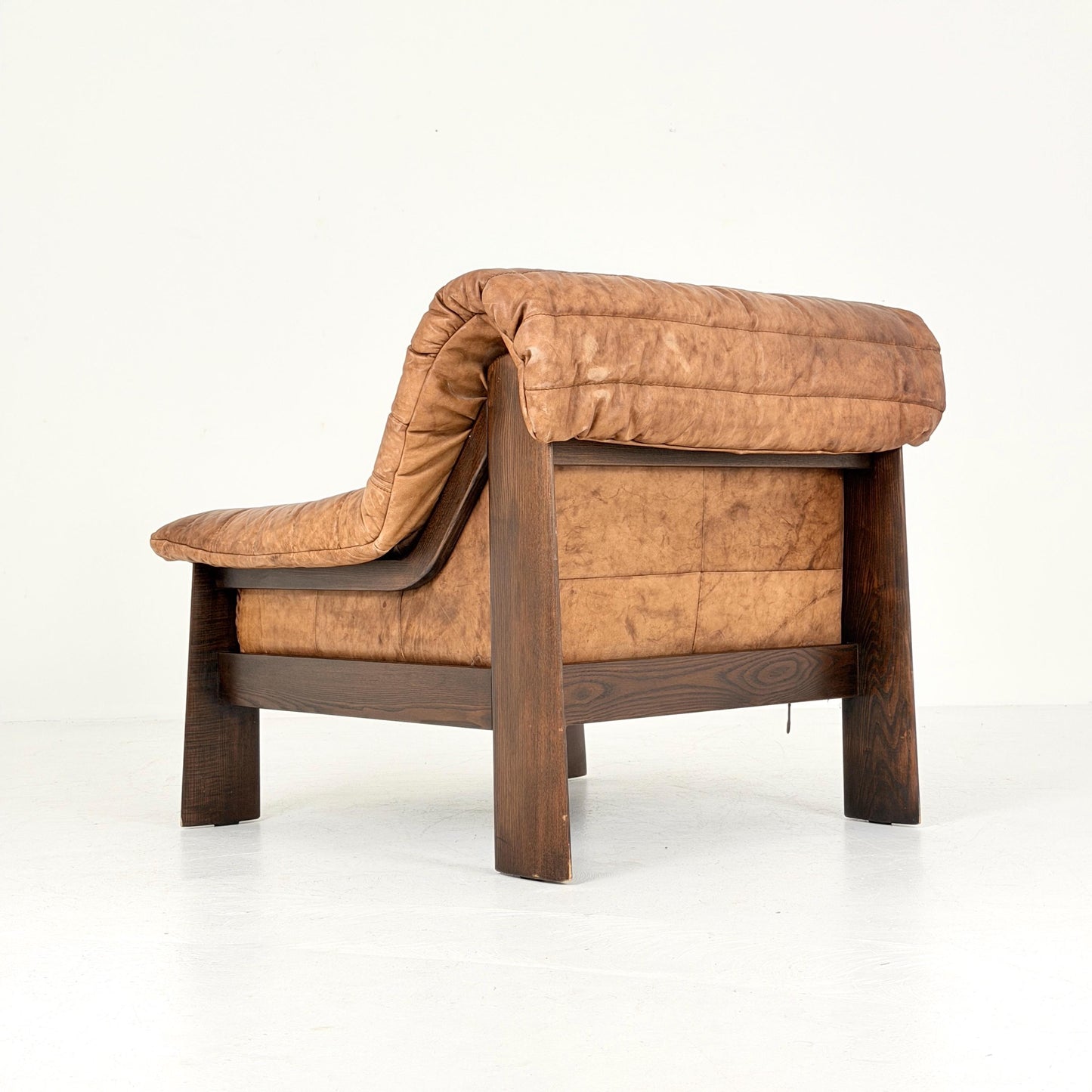Mid Century Brutalist Lounge Chair, Vintage Cognac Leather Armchair, Solid Wood Frame, German Design, 1970s