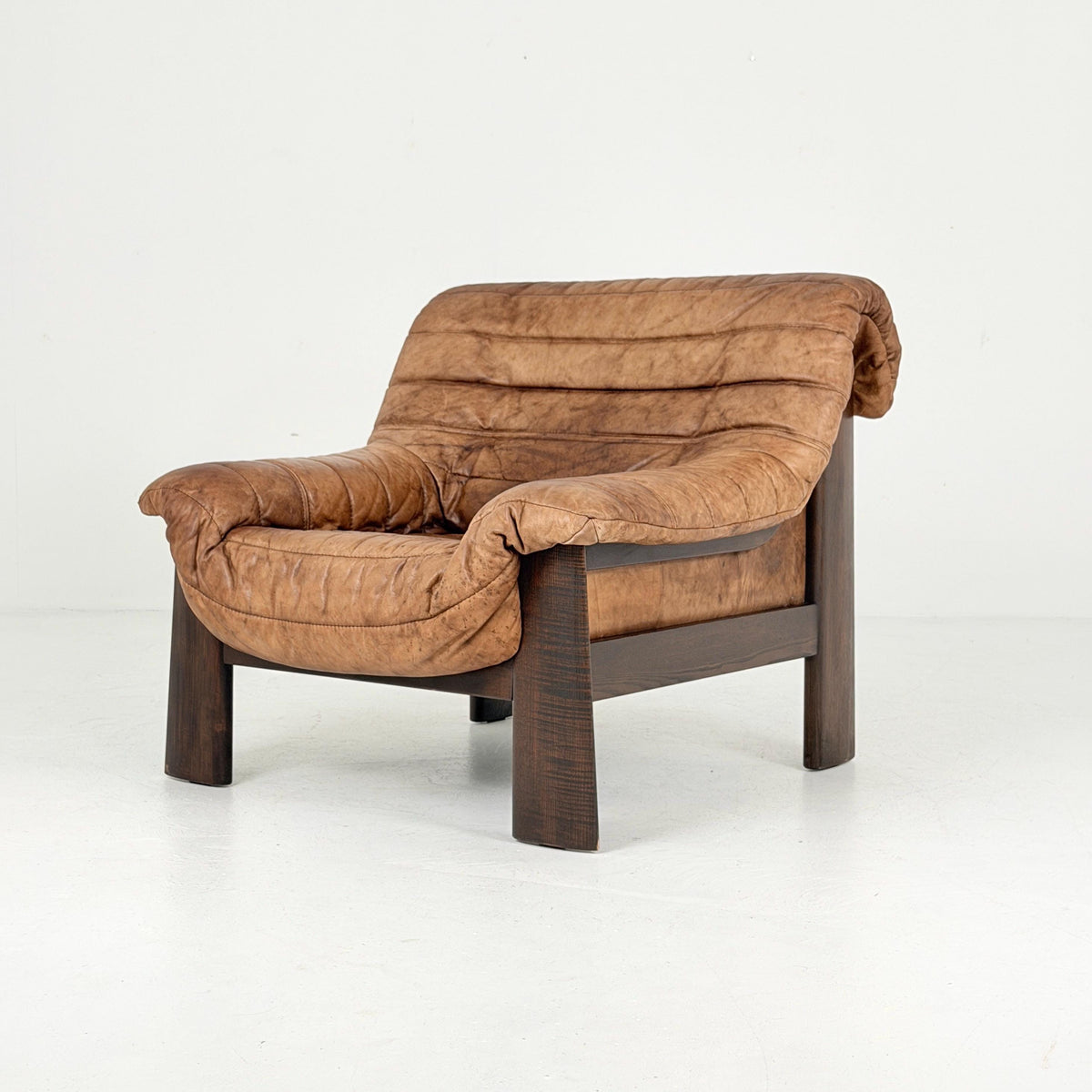 Mid Century Brutalist Lounge Chair, Vintage Cognac Leather Armchair, Solid Wood Frame, German Design, 1970s