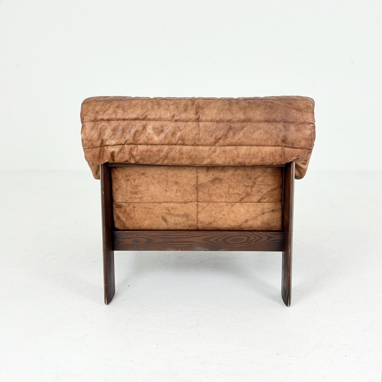 Mid Century Brutalist Lounge Chair, Vintage Cognac Leather Armchair, Solid Wood Frame, German Design, 1970s