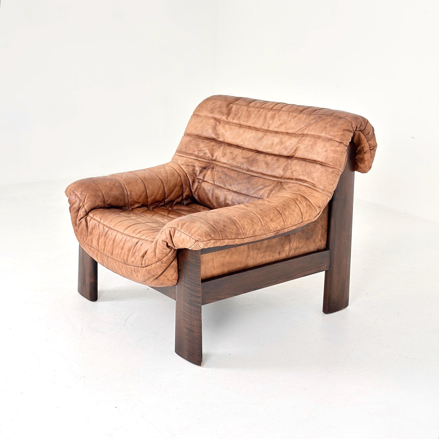 Mid Century Brutalist Lounge Chair, Vintage Cognac Leather Armchair, Solid Wood Frame, German Design, 1970s