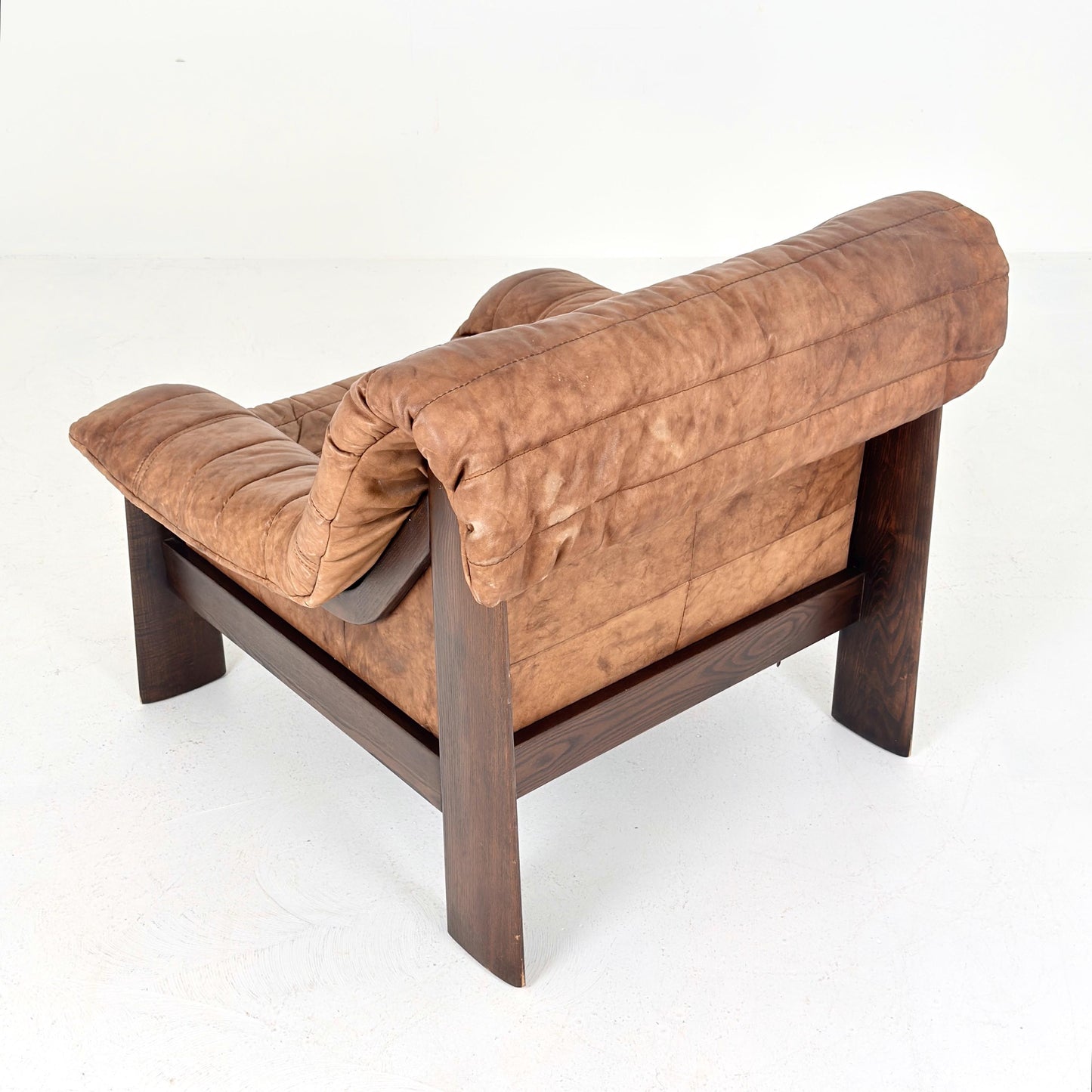 Mid Century Brutalist Lounge Chair, Vintage Cognac Leather Armchair, Solid Wood Frame, German Design, 1970s