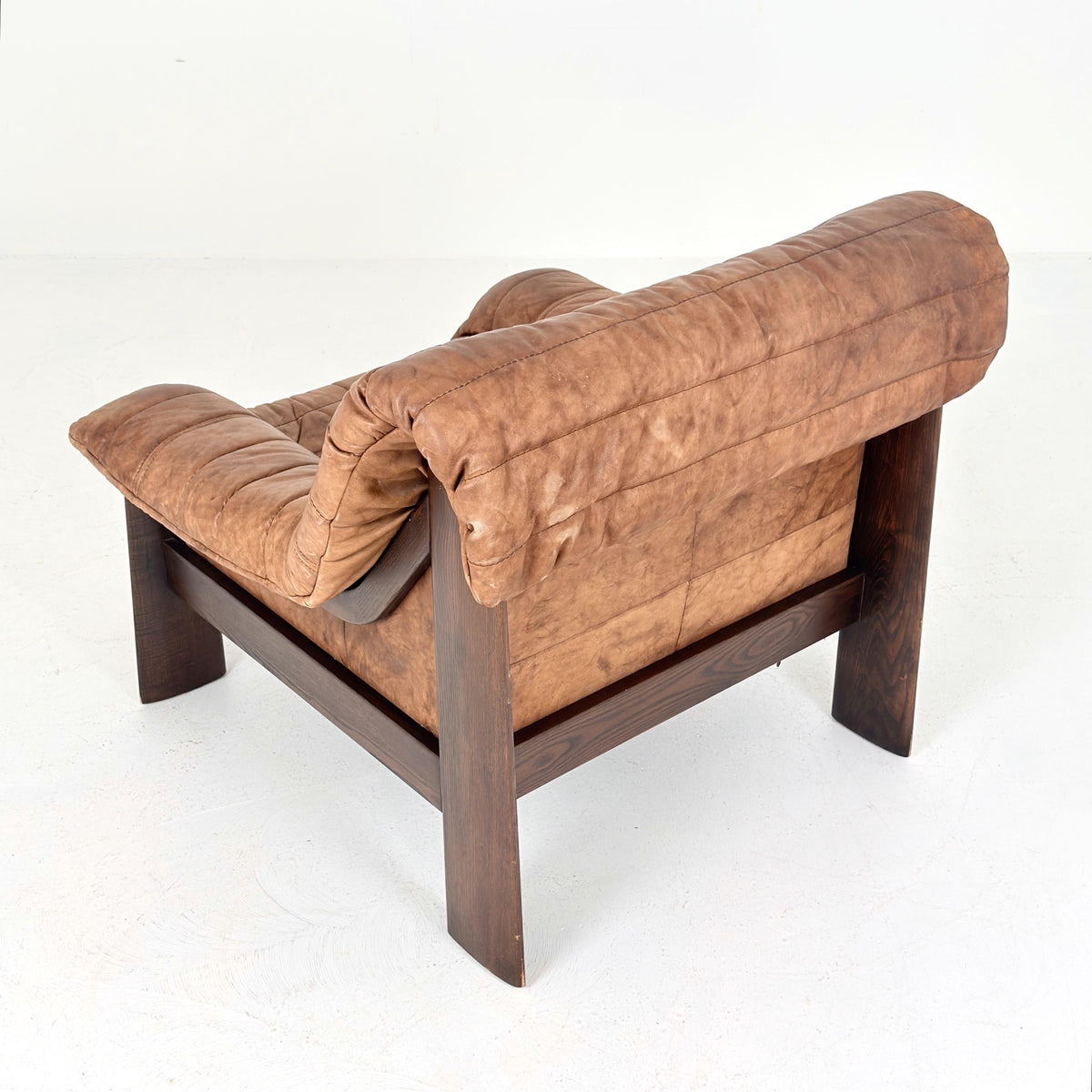 Mid Century Brutalist Lounge Chair, Vintage Cognac Leather Armchair, Solid Wood Frame, German Design, 1970s