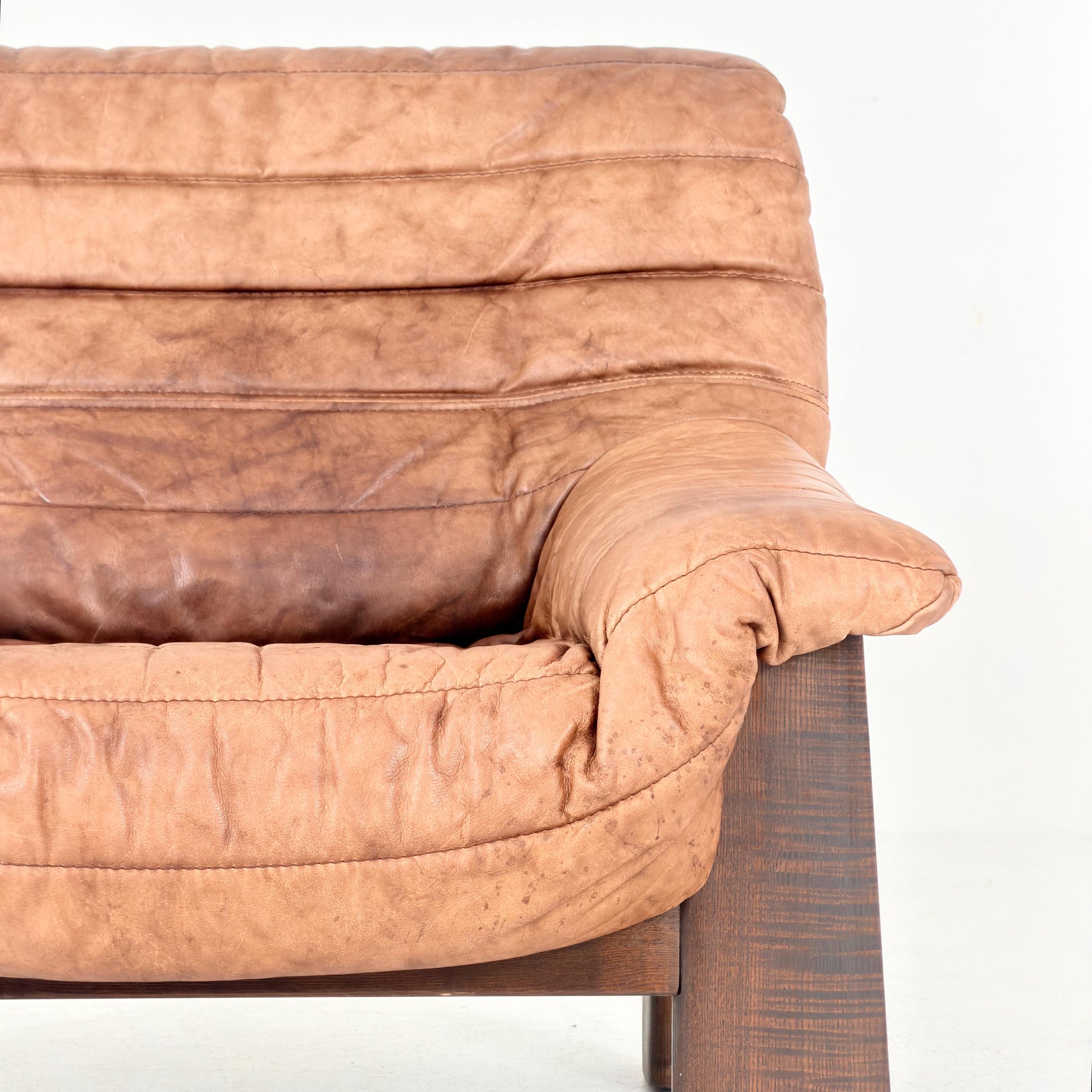 Mid Century Brutalist Lounge Chair, Vintage Cognac Leather Armchair, Solid Wood Frame, German Design, 1970s