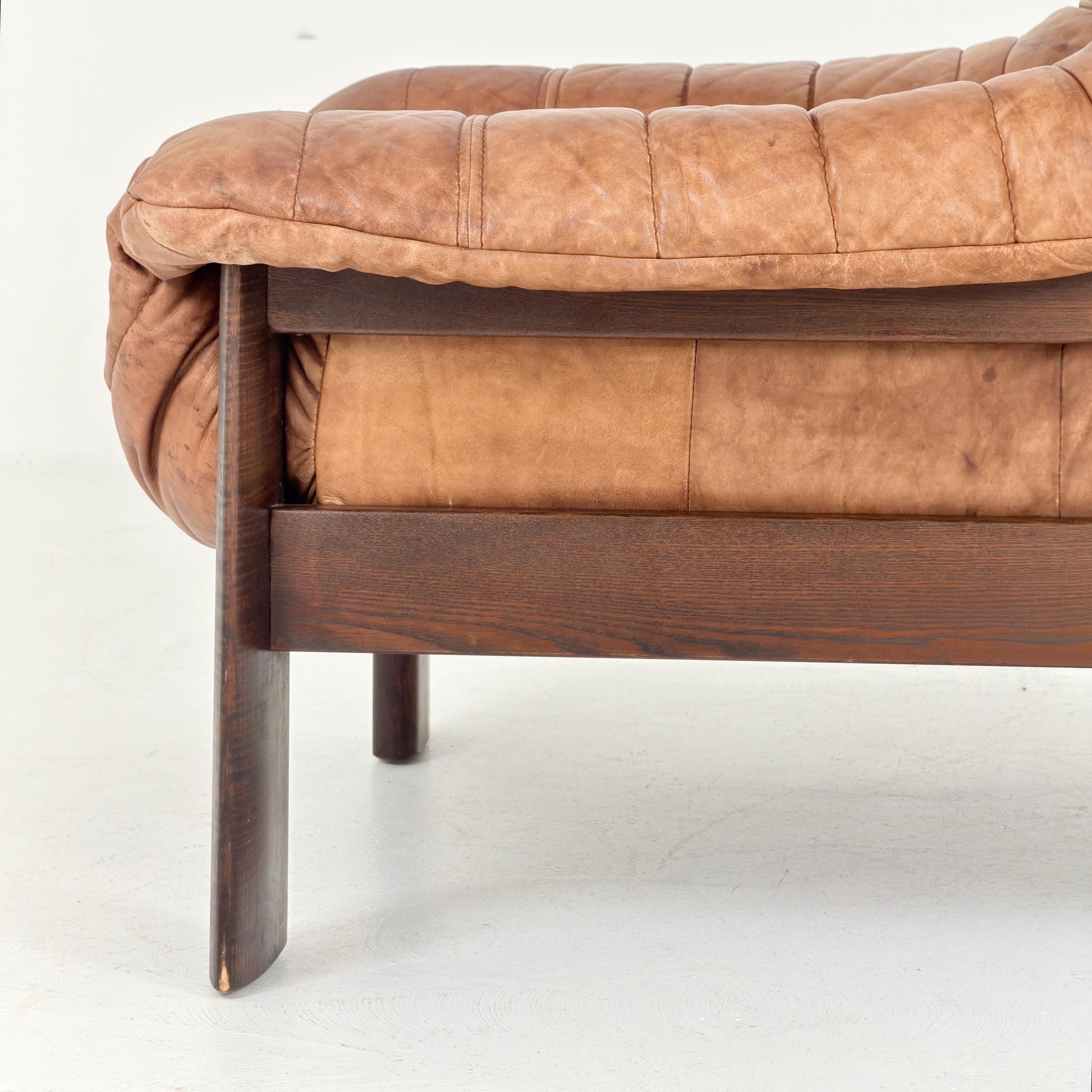 Mid Century Brutalist Lounge Chair, Vintage Cognac Leather Armchair, Solid Wood Frame, German Design, 1970s
