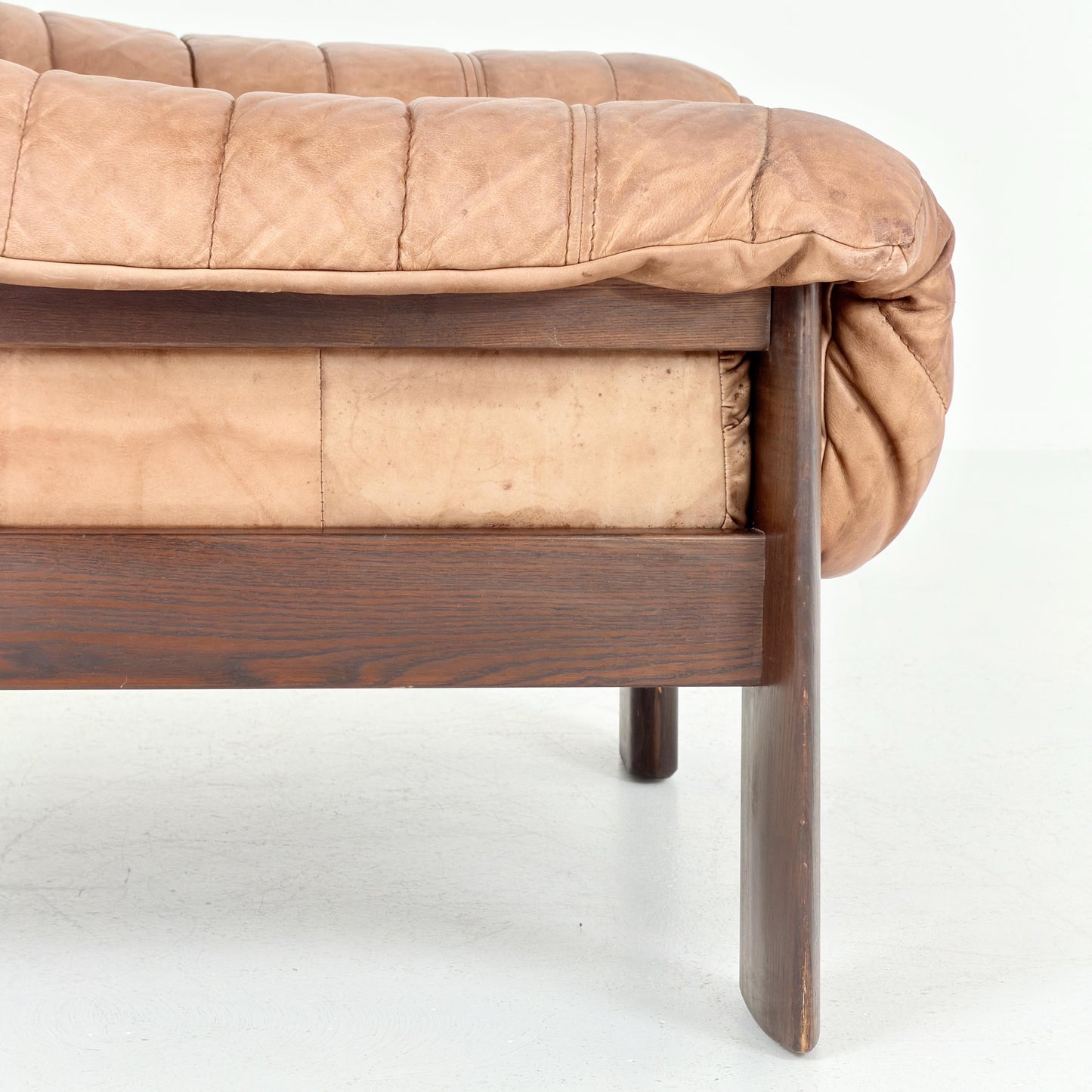 Mid Century Brutalist Lounge Chair, Vintage Cognac Leather Armchair, Solid Wood Frame, German Design, 1970s