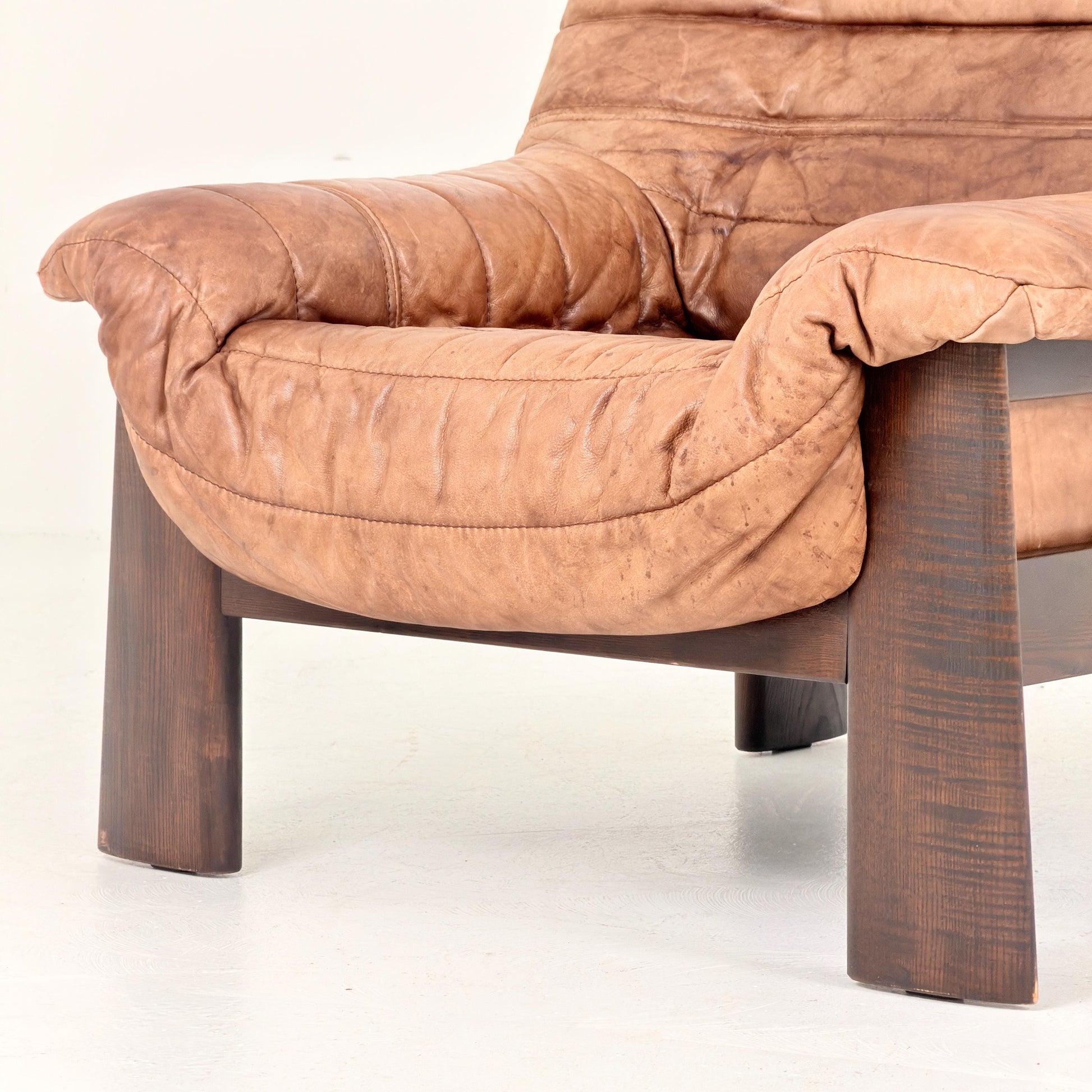 Mid Century Brutalist Lounge Chair, Vintage Cognac Leather Armchair, Solid Wood Frame, German Design, 1970s
