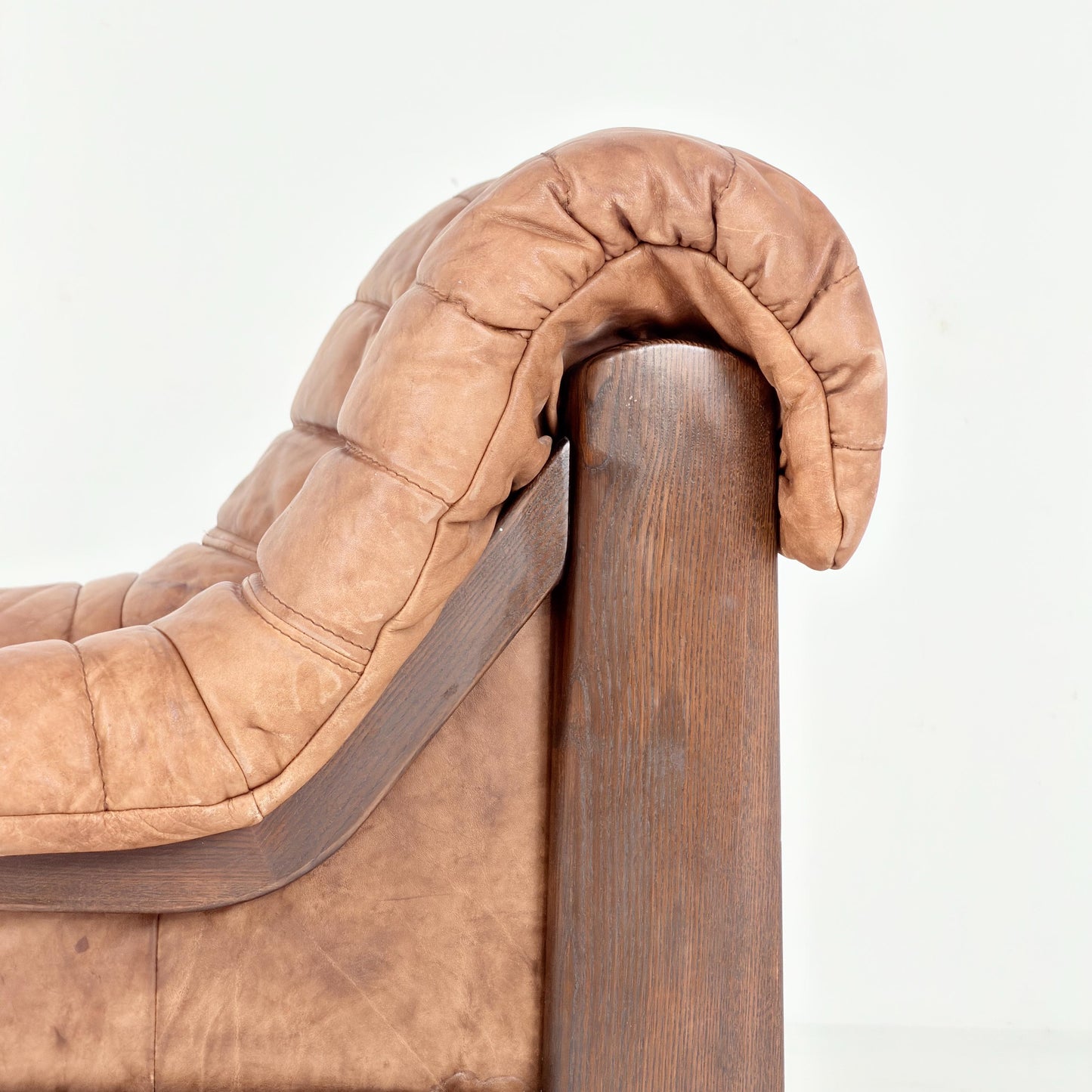 Mid Century Brutalist Lounge Chair, Vintage Cognac Leather Armchair, Solid Wood Frame, German Design, 1970s