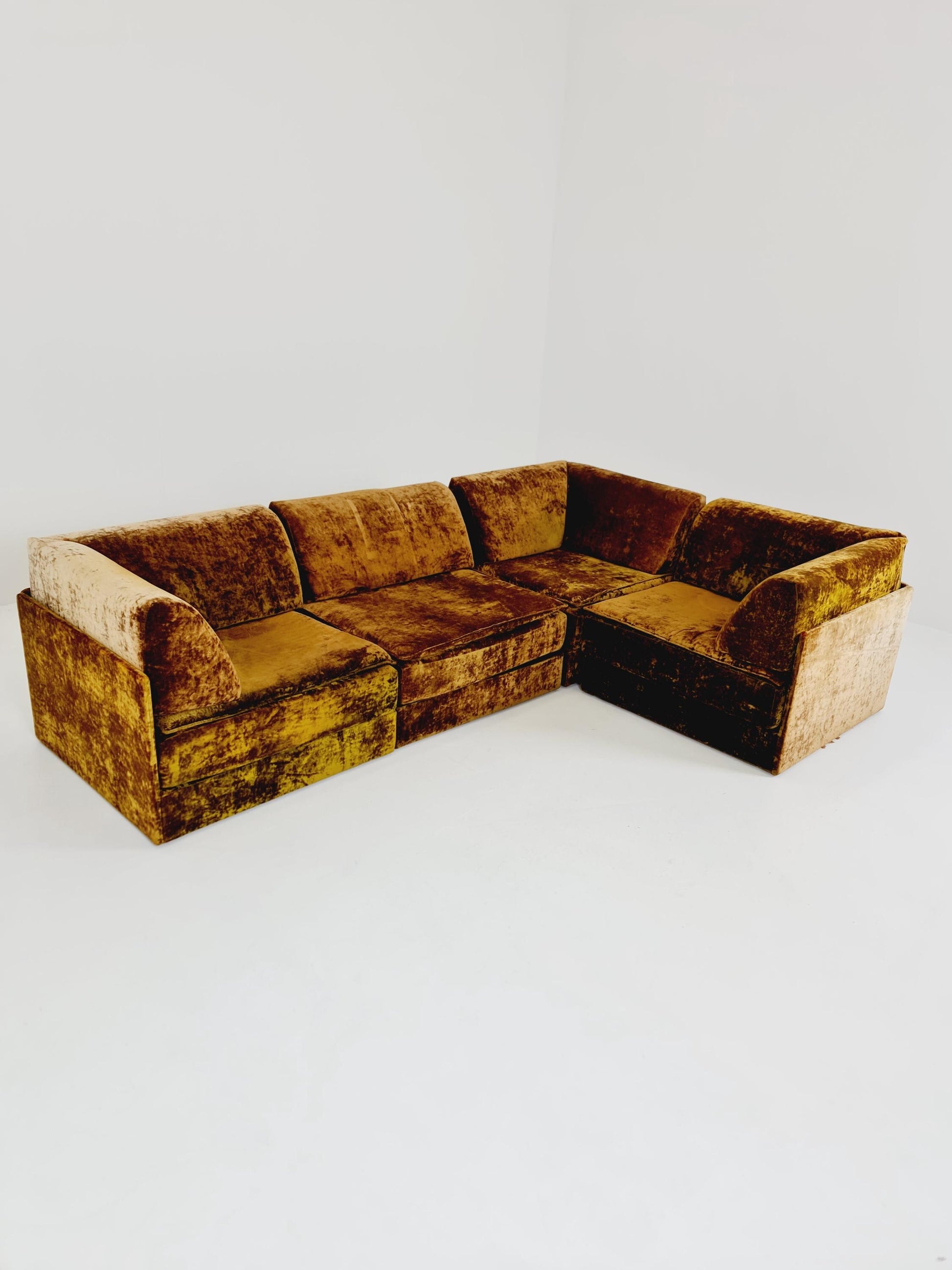 Vintage Space Age Modular Velvet Sofa Set Mustard & Olive Green 4-Piece