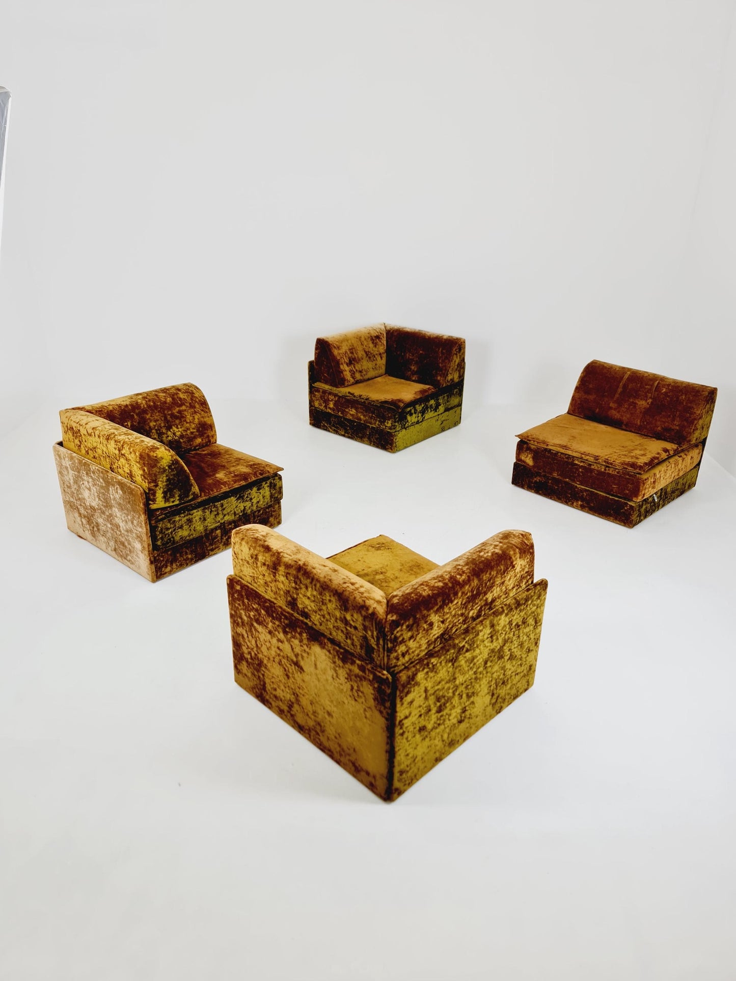 Vintage Space Age Modular Velvet Sofa Set Mustard & Olive Green 4-Piece