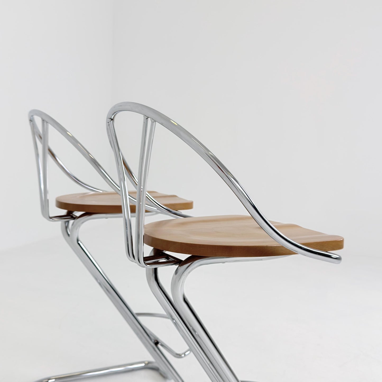 Set of 2 Vintage Italian Effezeta Bar Stools – 1980s Postmodern Chrome & Wooden Stools