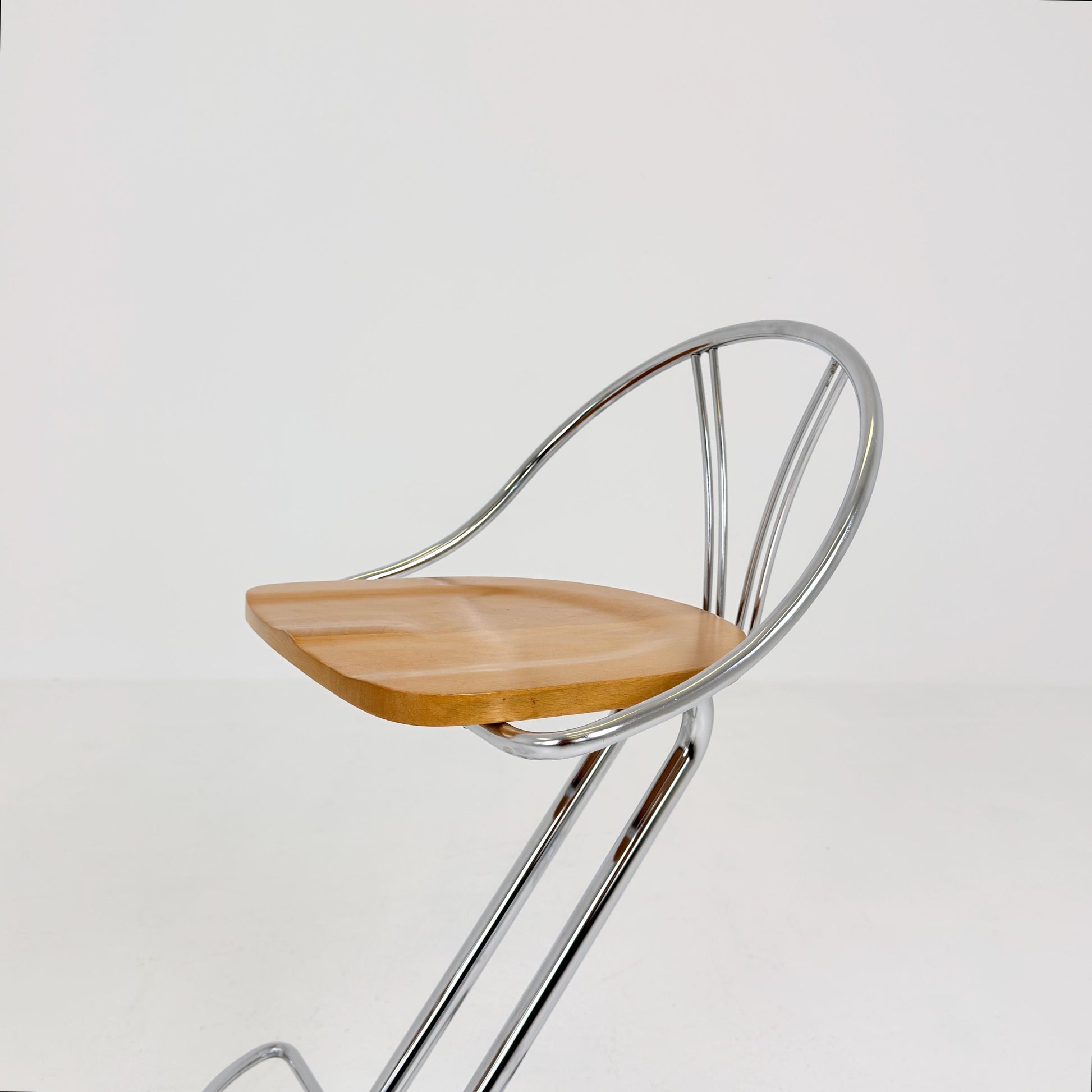 Set of 2 Vintage Italian Effezeta Bar Stools – 1980s Postmodern Chrome & Wooden Stools