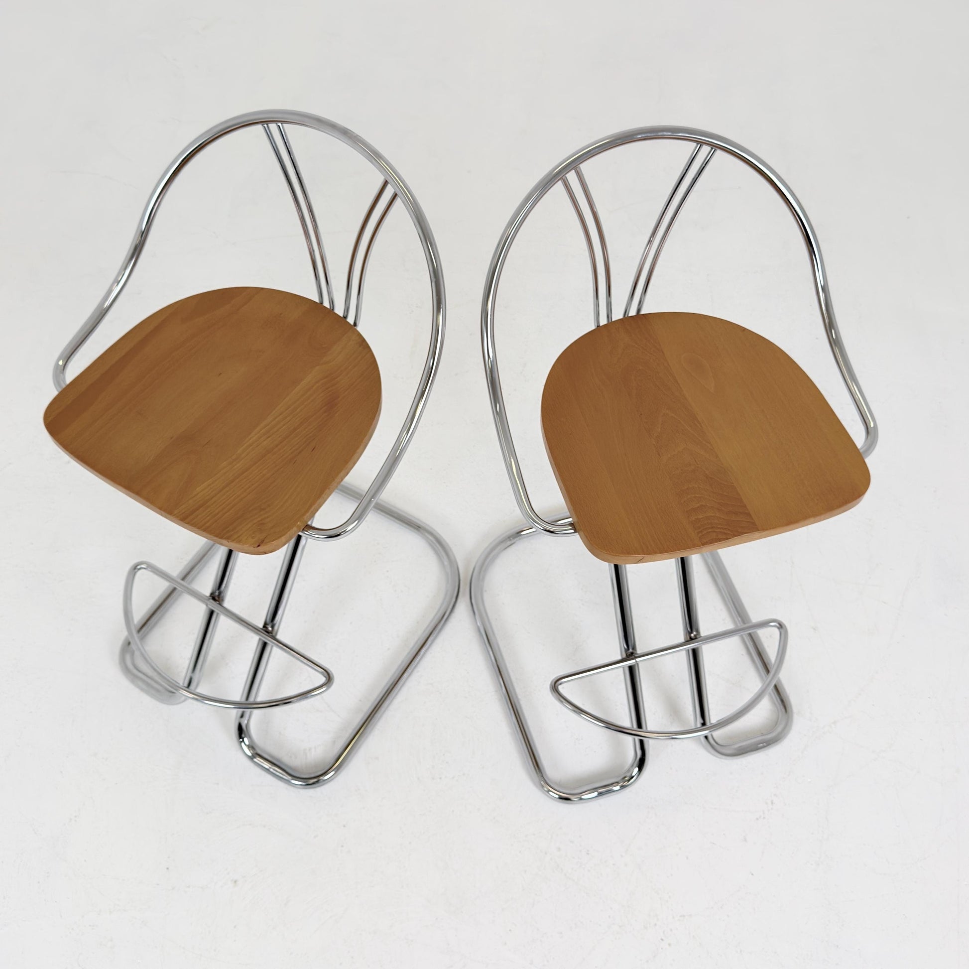 Set of 2 Vintage Italian Effezeta Bar Stools – 1980s Postmodern Chrome & Wooden Stools