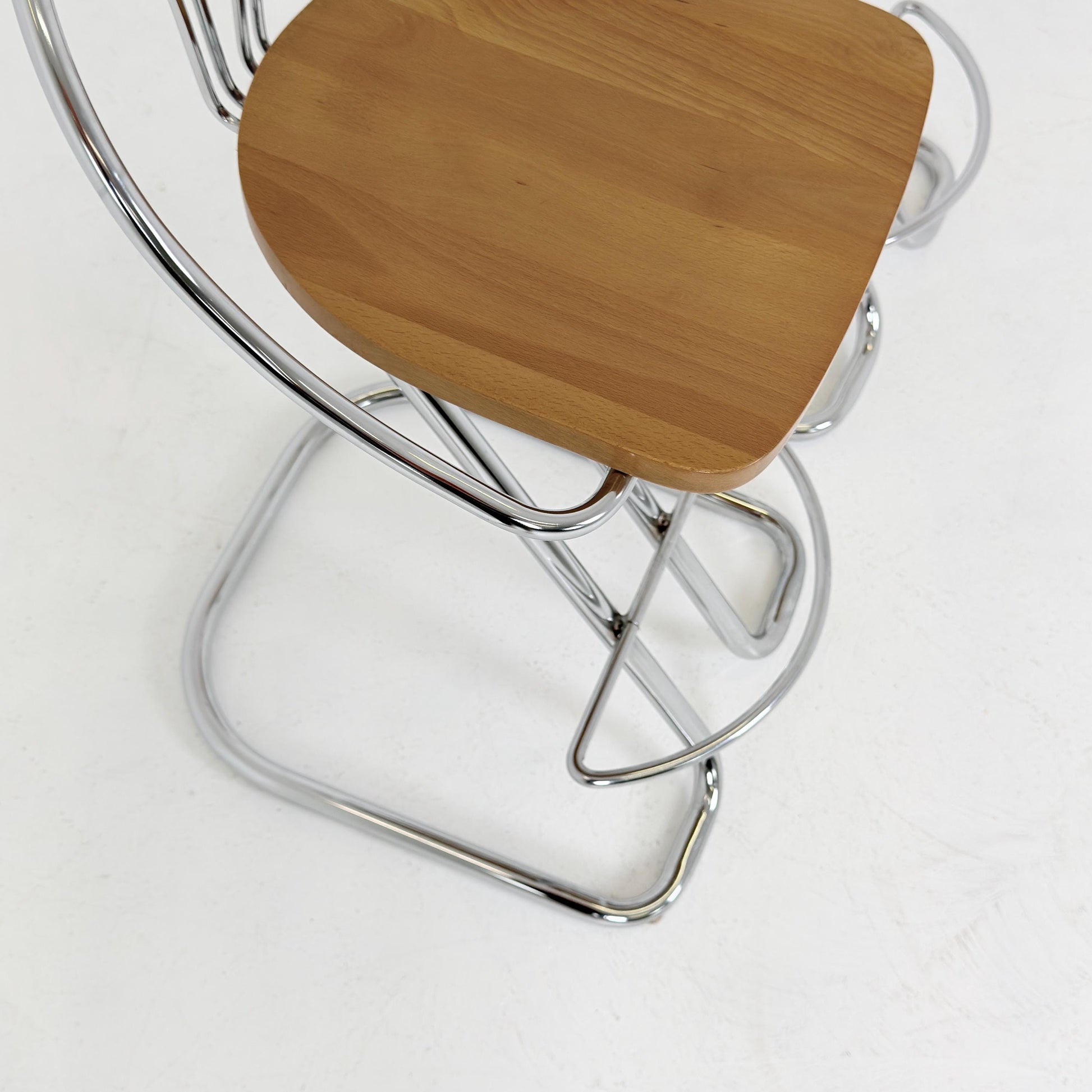 Set of 2 Vintage Italian Effezeta Bar Stools – 1980s Postmodern Chrome & Wooden Stools