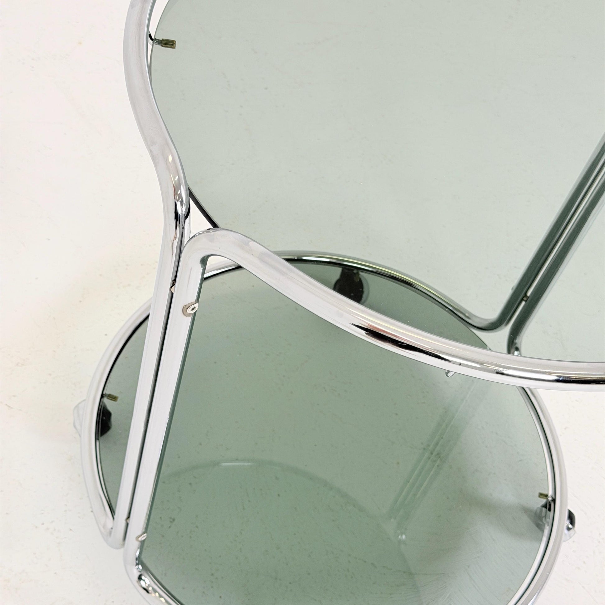 Mid century Chrome bar cart/serving trolley. Smoked glass Bauhaus Italy 1980s