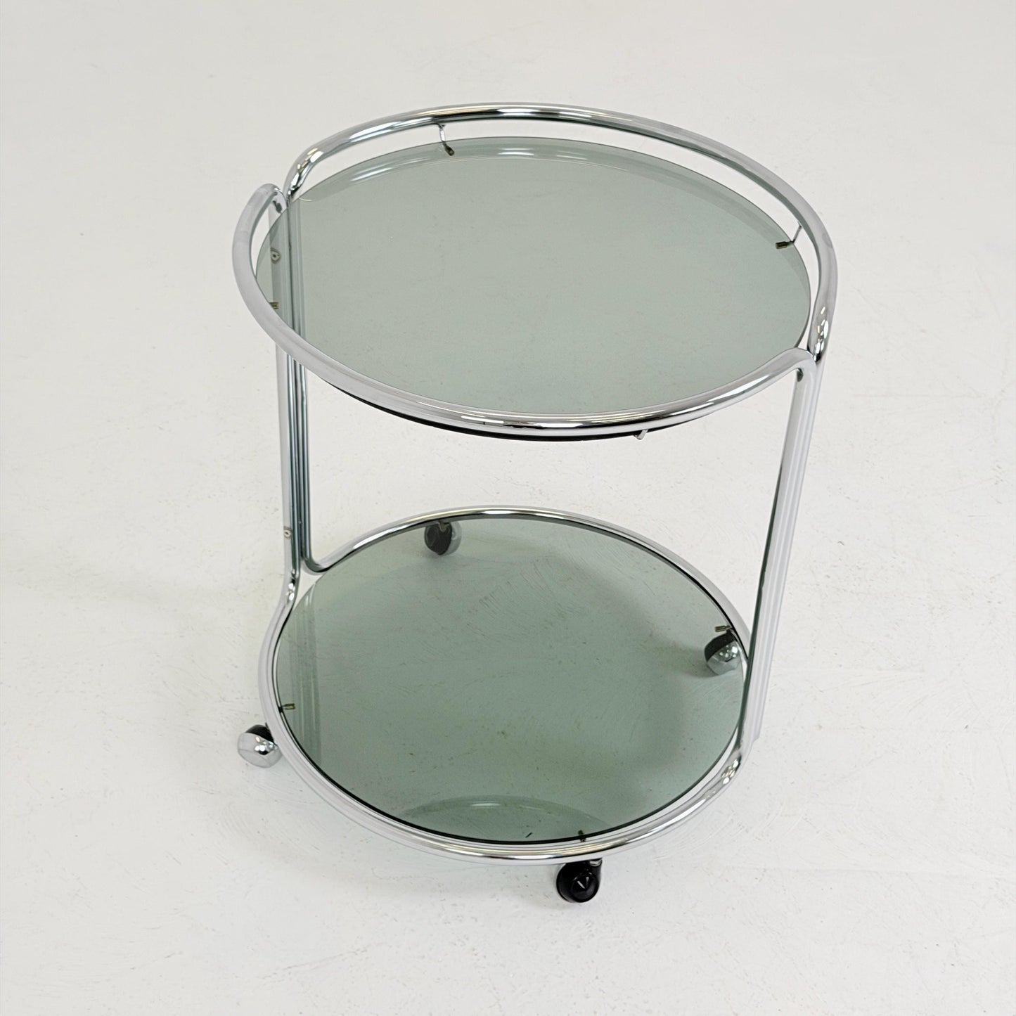 Mid century Chrome bar cart/serving trolley. Smoked glass Bauhaus Italy 1980s