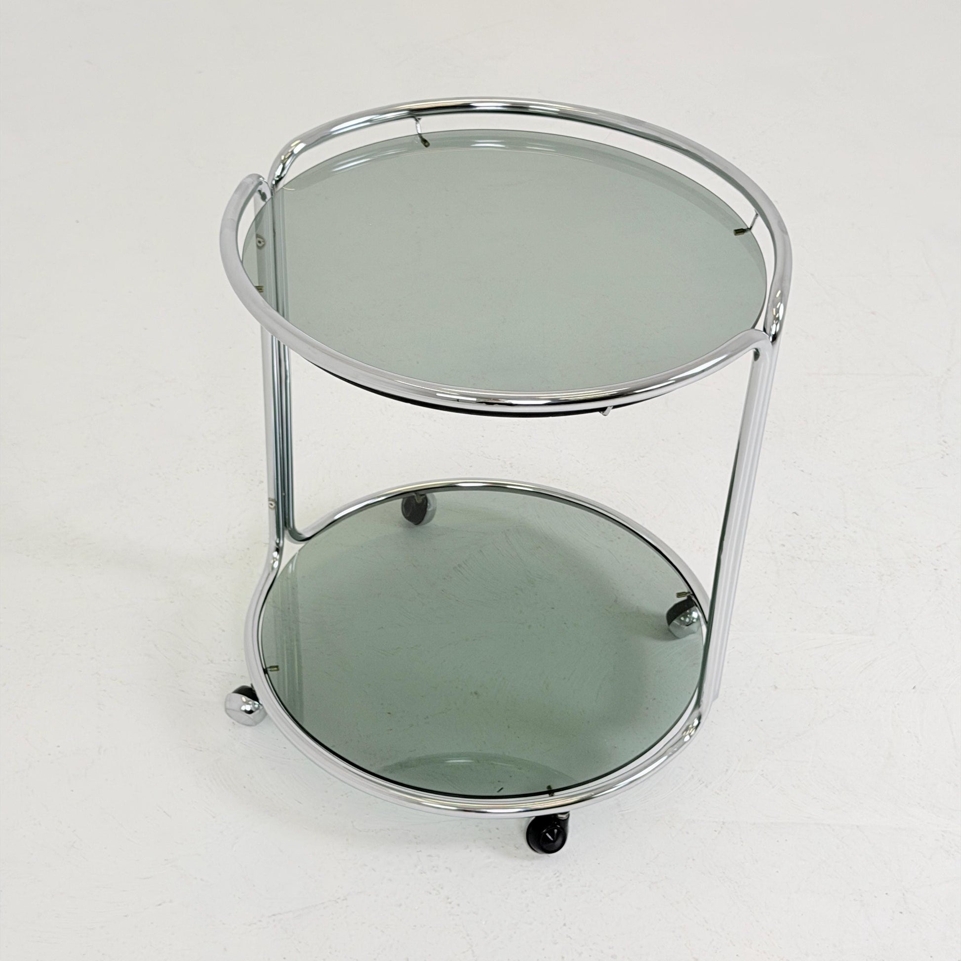 Mid century Chrome bar cart/serving trolley. Smoked glass Bauhaus Italy 1980s