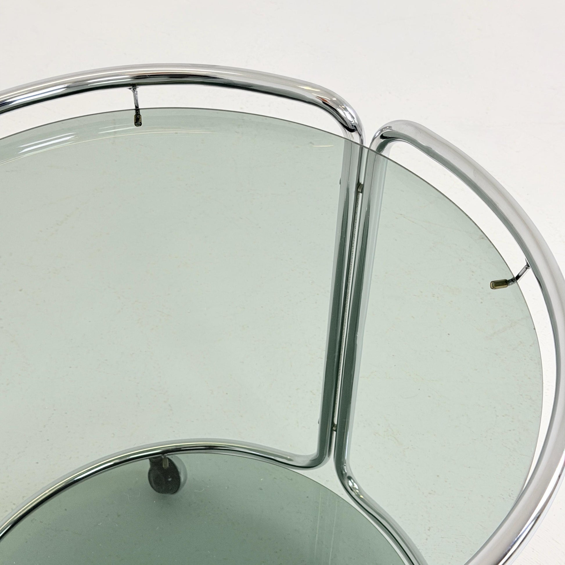 Mid century Chrome bar cart/serving trolley. Smoked glass Bauhaus Italy 1980s