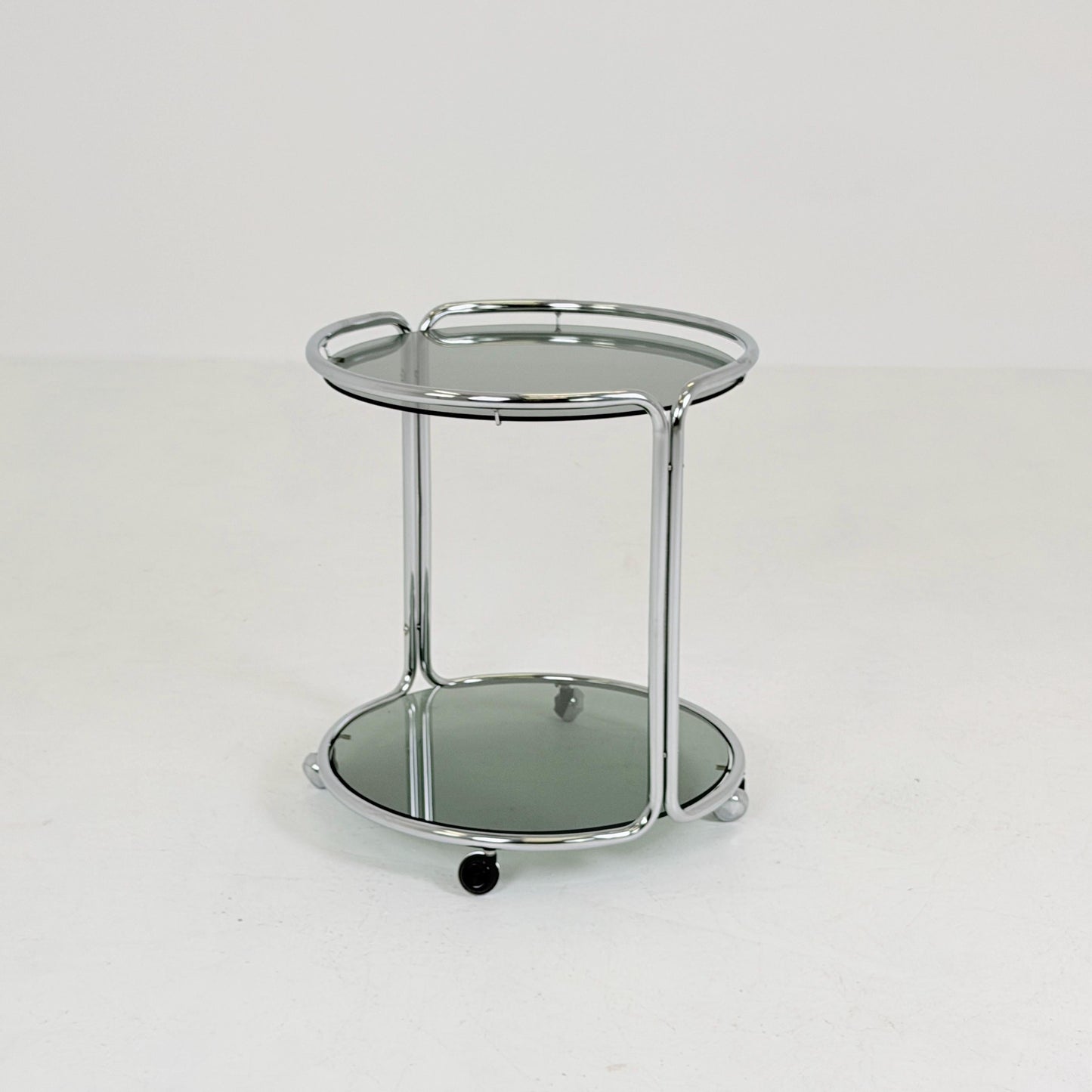 Mid century Chrome bar cart/serving trolley. Smoked glass Bauhaus Italy 1980s
