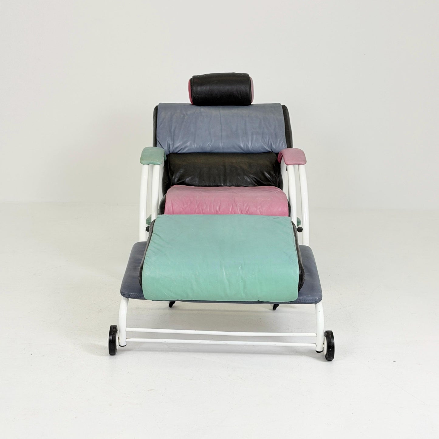 Mid Century Postmodern Memphis Style Leather Reclining Lounge Chair & Ottoman by Ettore Sottsass, Italy 1980s