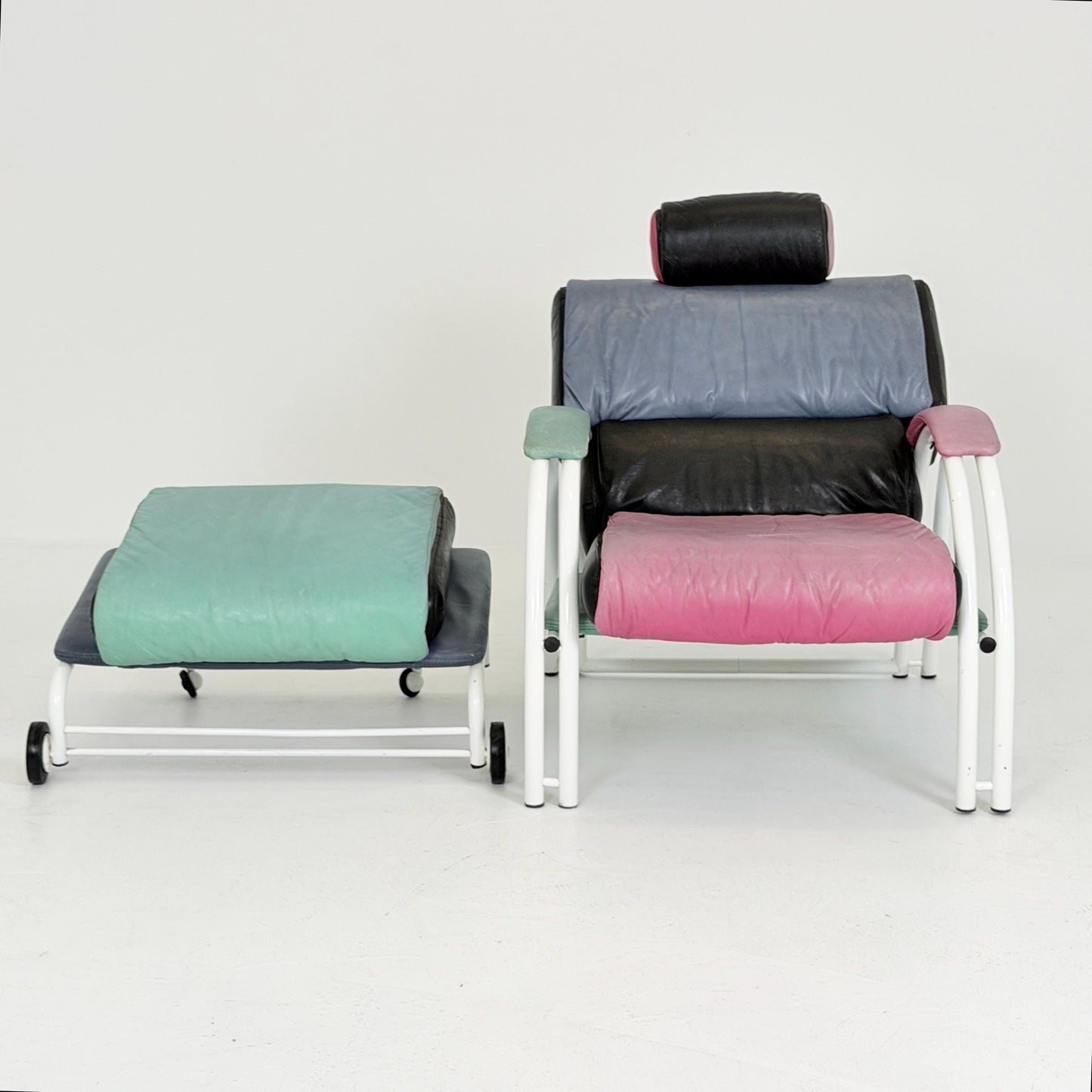 Mid Century Postmodern Memphis Style Leather Reclining Lounge Chair & Ottoman by Ettore Sottsass, Italy 1980s