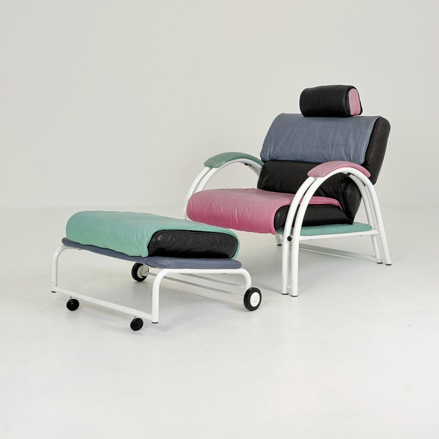Mid Century Postmodern Memphis Style Leather Reclining Lounge Chair & Ottoman by Ettore Sottsass, Italy 1980s