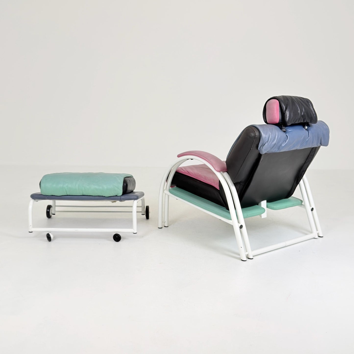 Mid Century Postmodern Memphis Style Leather Reclining Lounge Chair & Ottoman by Ettore Sottsass, Italy 1980s