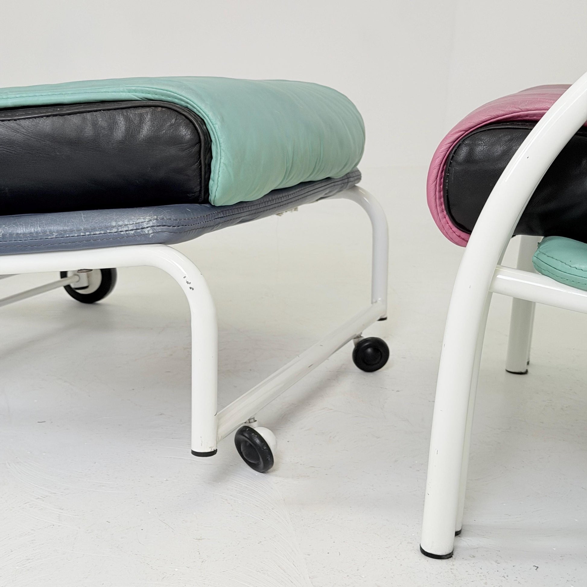 Mid Century Postmodern Memphis Style Leather Reclining Lounge Chair & Ottoman by Ettore Sottsass, Italy 1980s