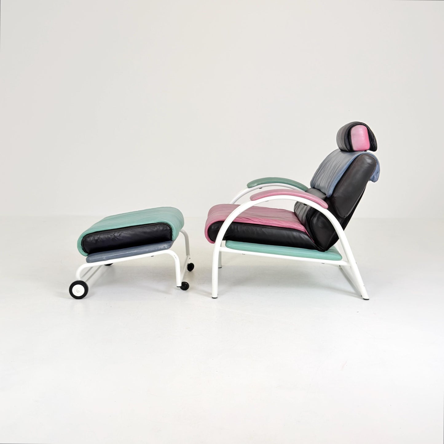Mid Century Postmodern Memphis Style Leather Reclining Lounge Chair & Ottoman by Ettore Sottsass, Italy 1980s