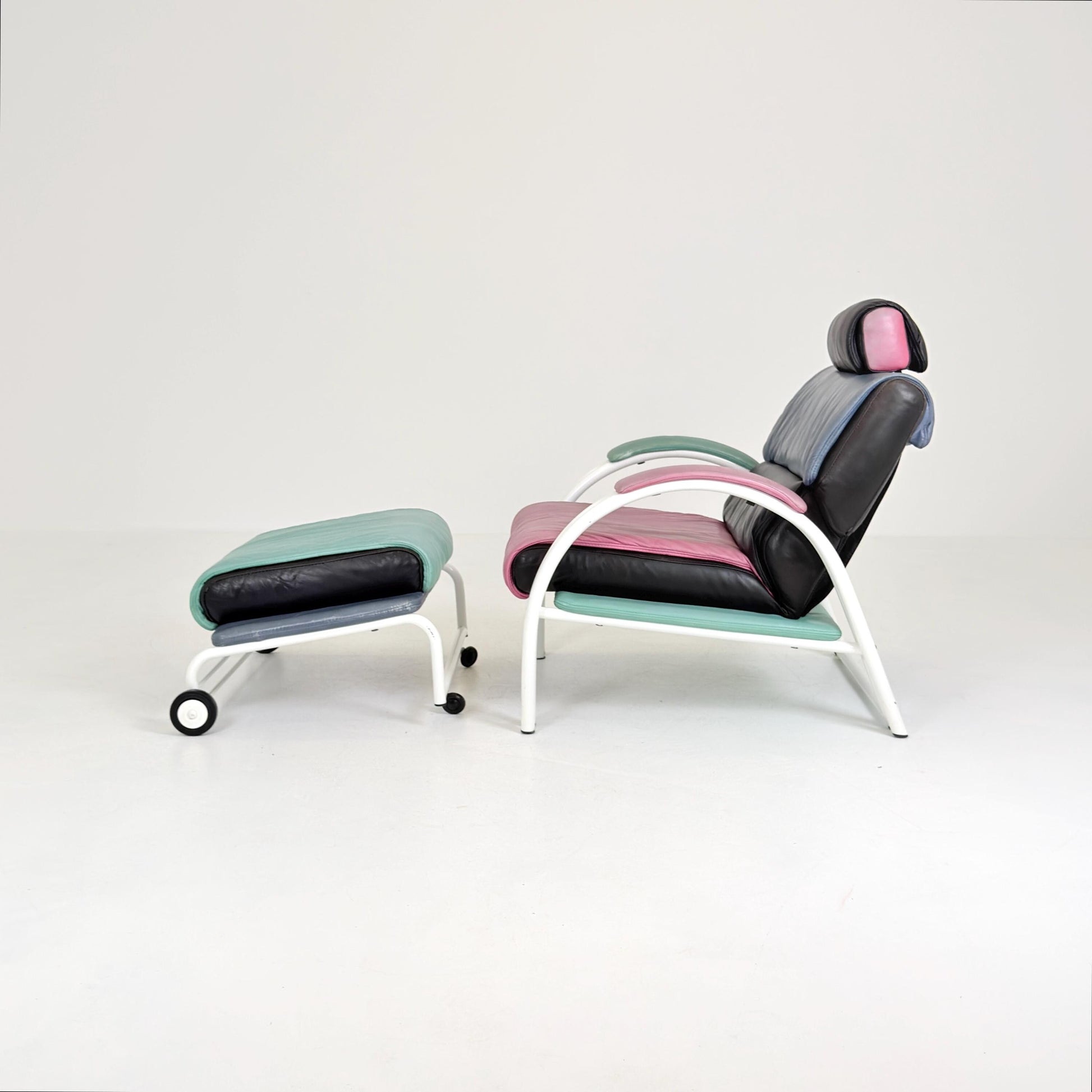 Mid Century Postmodern Memphis Style Leather Reclining Lounge Chair & Ottoman by Ettore Sottsass, Italy 1980s