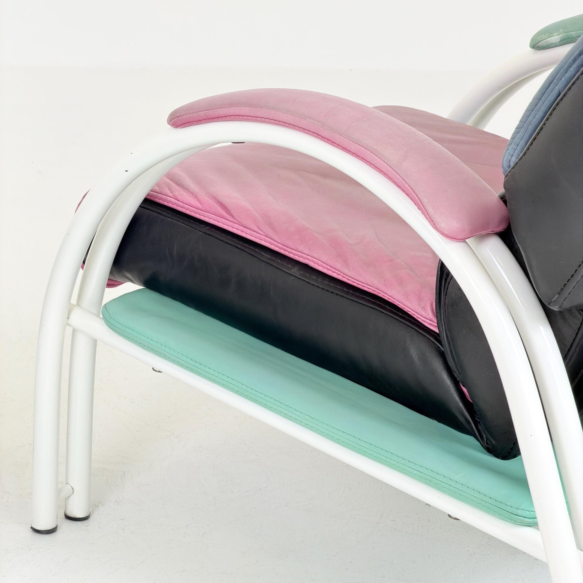 Mid Century Postmodern Memphis Style Leather Reclining Lounge Chair & Ottoman by Ettore Sottsass, Italy 1980s