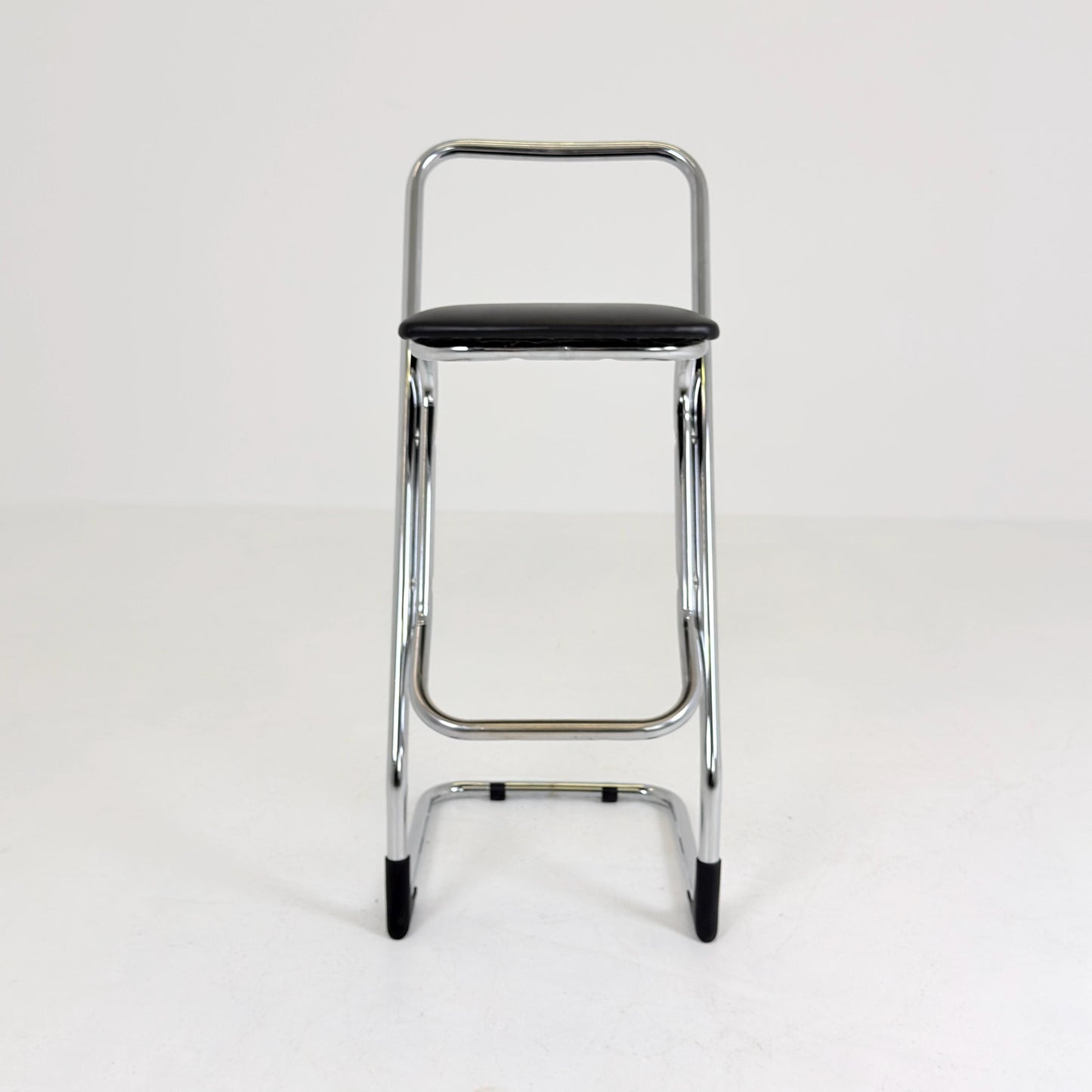 Mid-Century Italian Bar Stool | Chrome Tubular Steel & Black Faux Leather | 1980s Italy