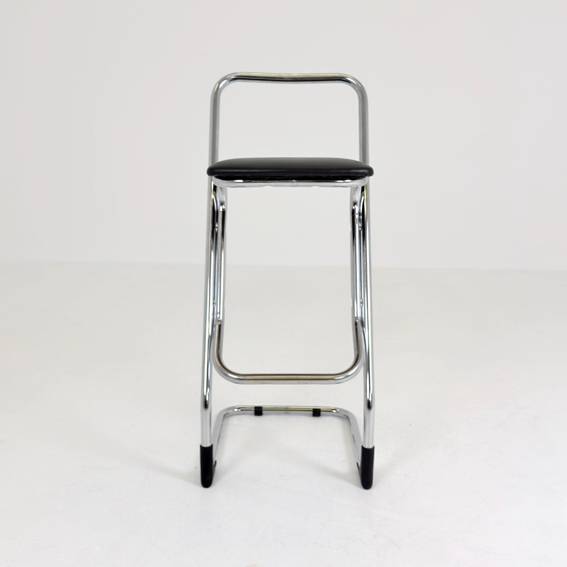 Mid-Century Italian Bar Stool | Chrome Tubular Steel & Black Faux Leather | 1980s Italy