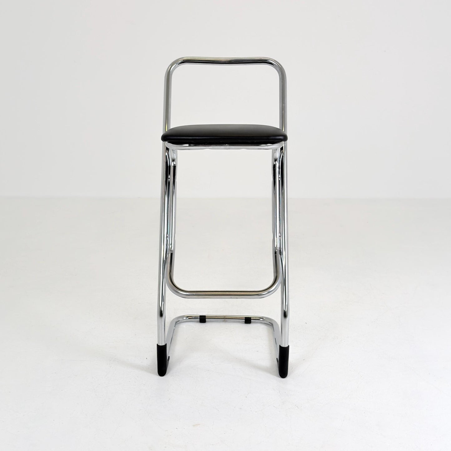 Mid-Century Italian Bar Stool | Chrome Tubular Steel & Black Faux Leather | 1980s Italy