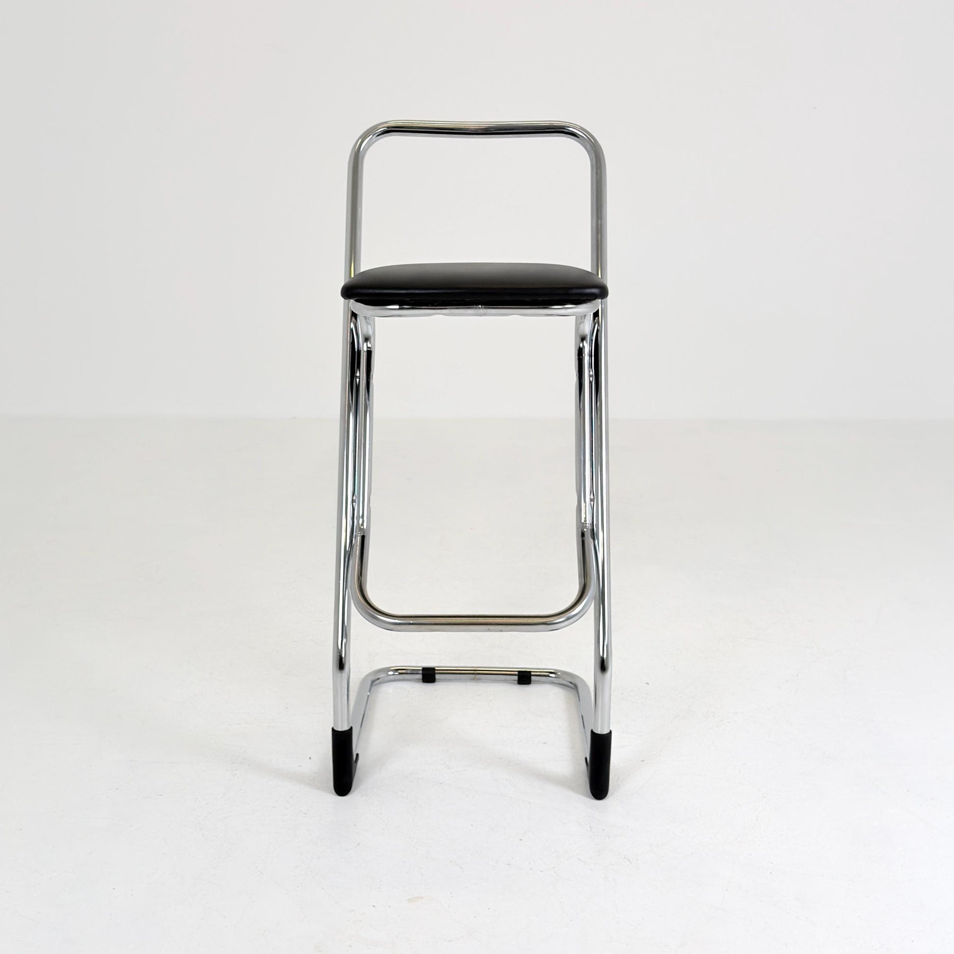 Mid-Century Italian Bar Stool | Chrome Tubular Steel & Black Faux Leather | 1980s Italy
