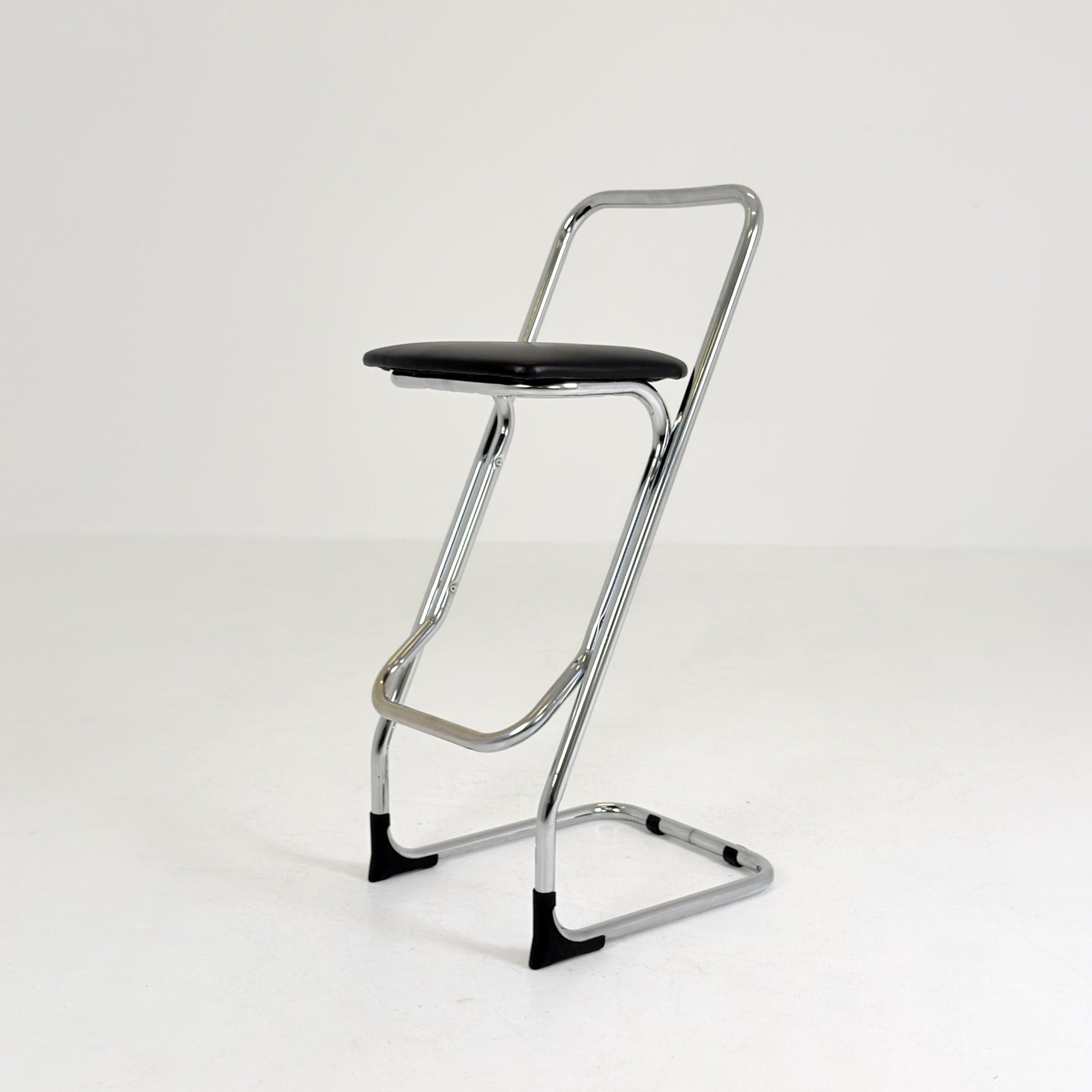 Mid-Century Italian Bar Stool | Chrome Tubular Steel & Black Faux Leather | 1980s Italy