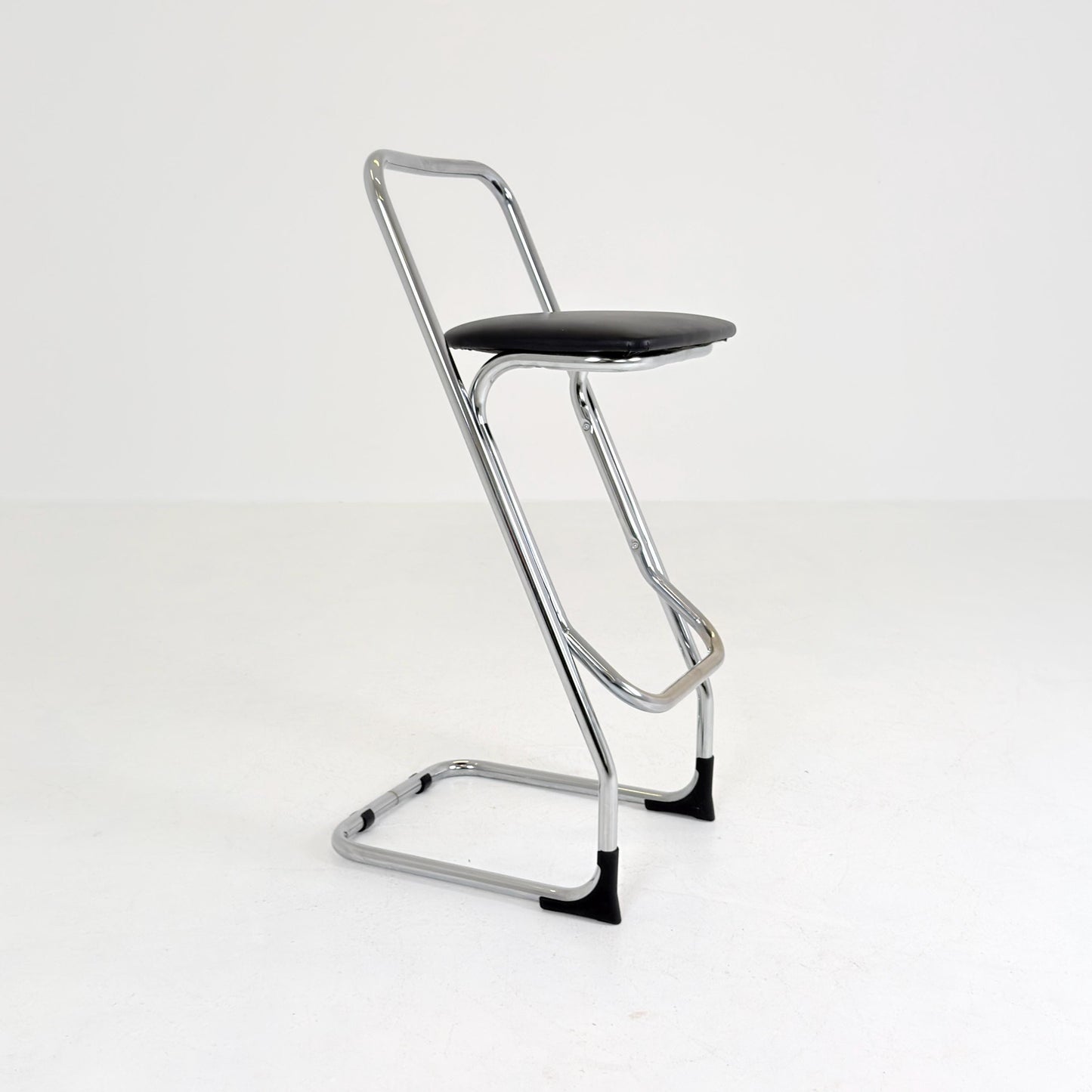Mid-Century Italian Bar Stool | Chrome Tubular Steel & Black Faux Leather | 1980s Italy