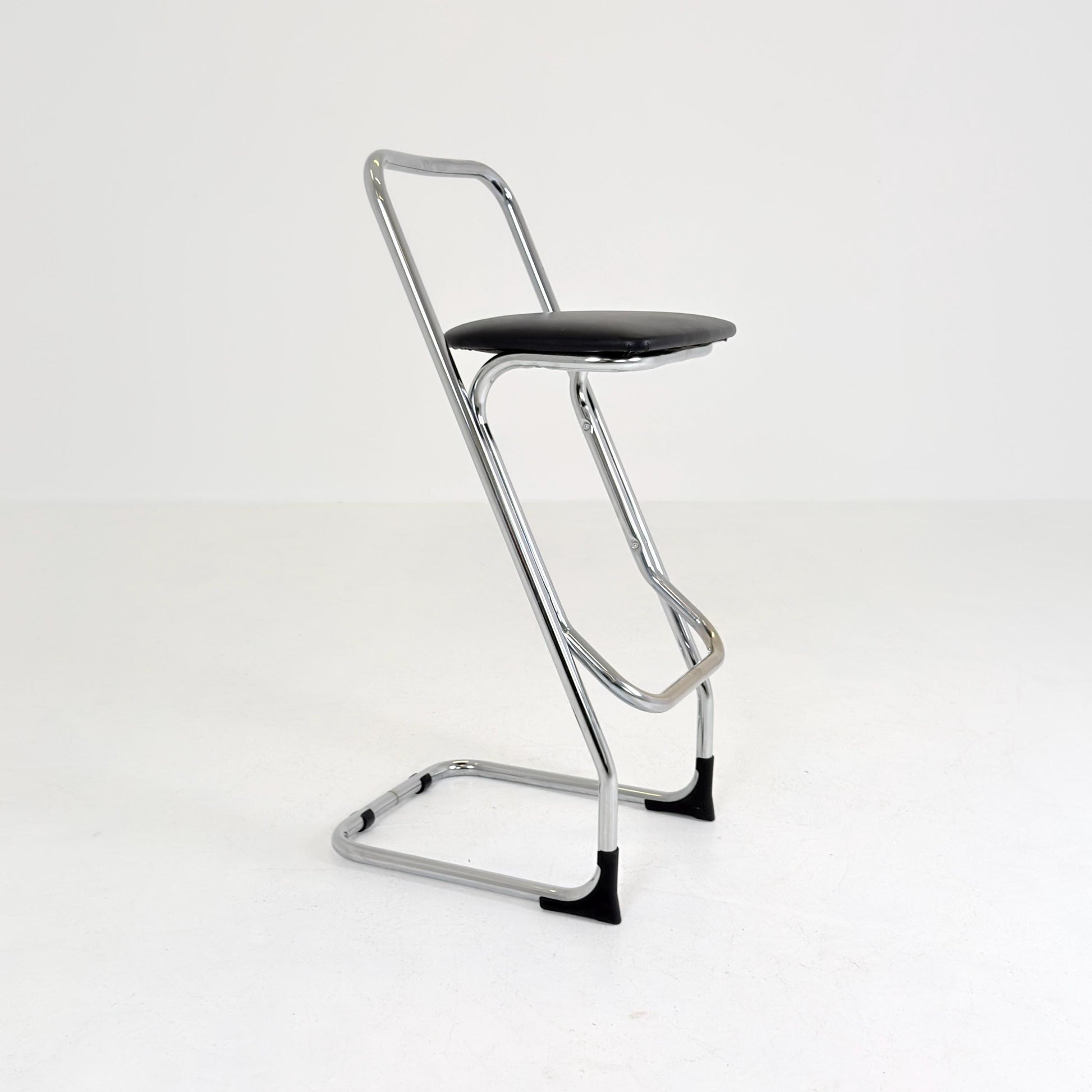 Mid-Century Italian Bar Stool | Chrome Tubular Steel & Black Faux Leather | 1980s Italy