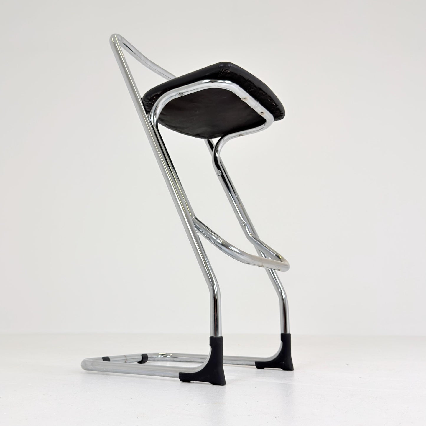 Mid-Century Italian Bar Stool | Chrome Tubular Steel & Black Faux Leather | 1980s Italy
