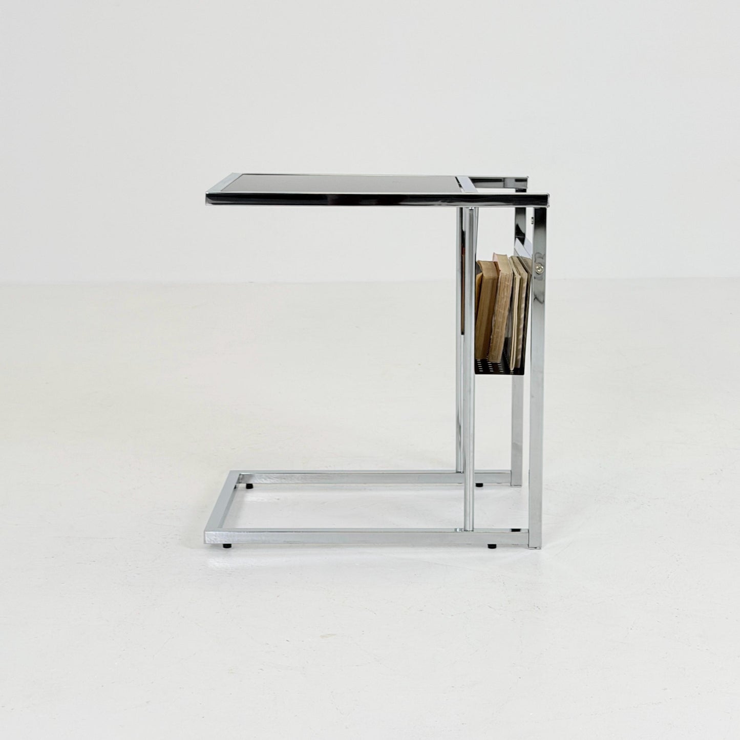 Mid-Century Style Italian Side Table & Magazine Rack | Chrome Black Glass | Italy