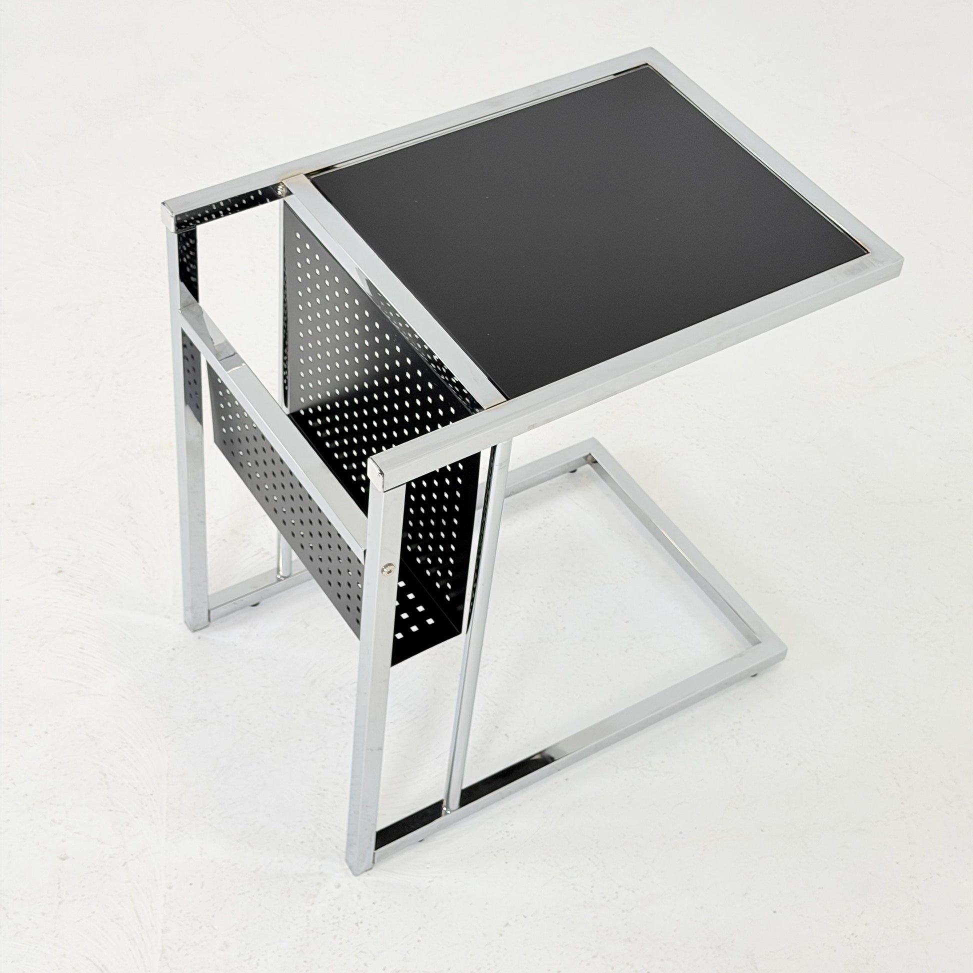 Mid-Century Style Italian Side Table & Magazine Rack | Chrome Black Glass | Italy